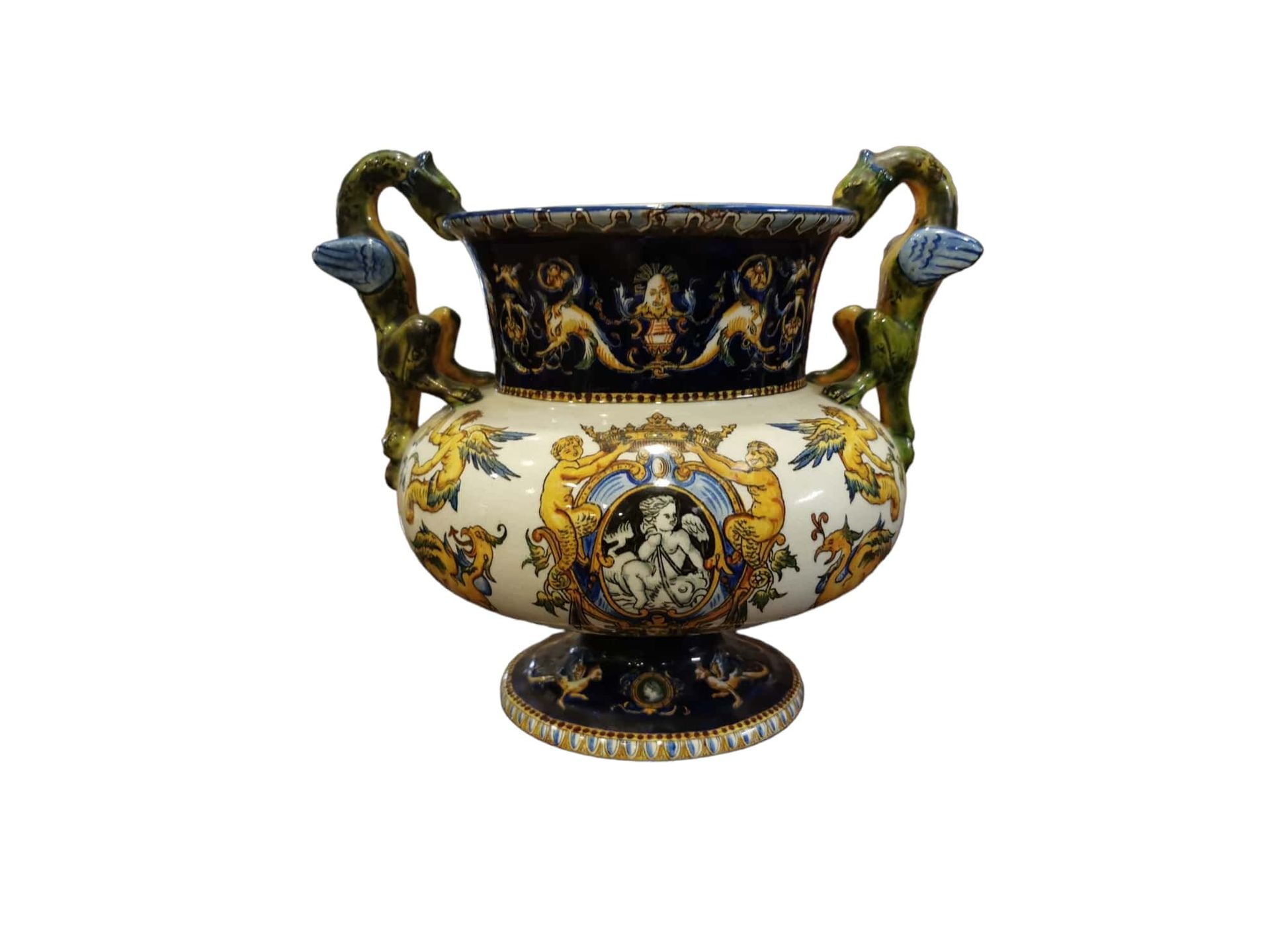 Null GIEN. Vase on pedestal in enamelled earthenware decorated with grotesques. &hellip;