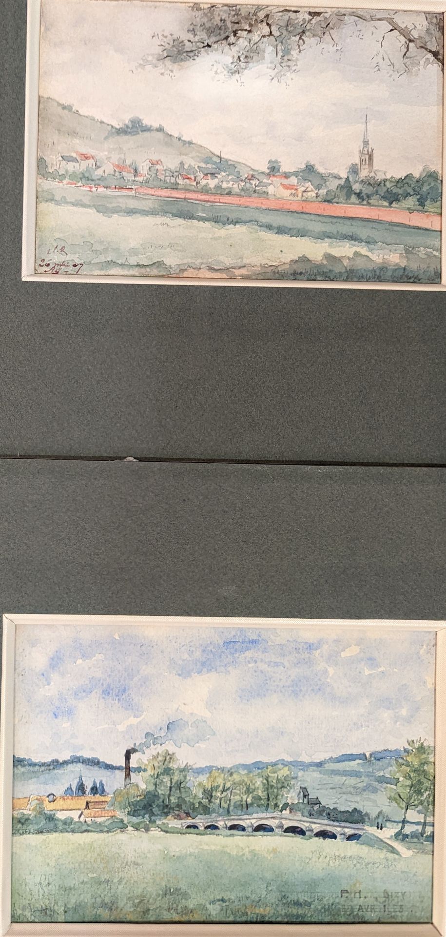 Null 20世纪上半叶的法国学校（2）。Aÿ-en-Champagne的景色和Dizy（马恩河）的景色。水彩画，一幅位于右下方，另一幅位于左下方。10.5 x&hellip;