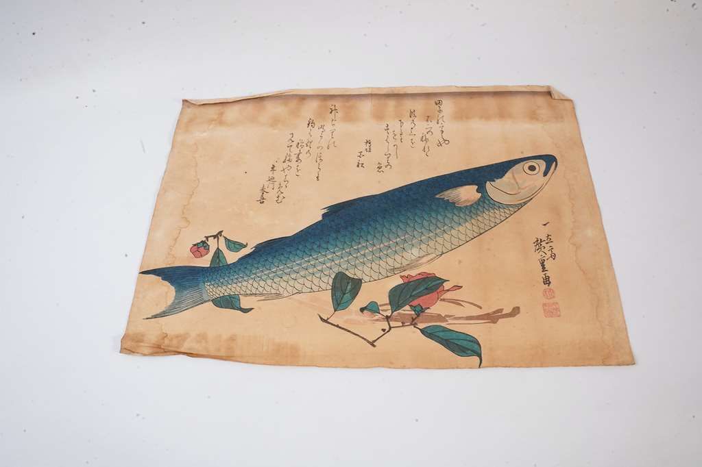 Null 宇都宫平实（1797-1858）。"灰木耳和山茶花"。大班洋画，来自 "Uwo zukushi "系列，大鱼系列。署名为Hichyusai Hiros&hellip;
