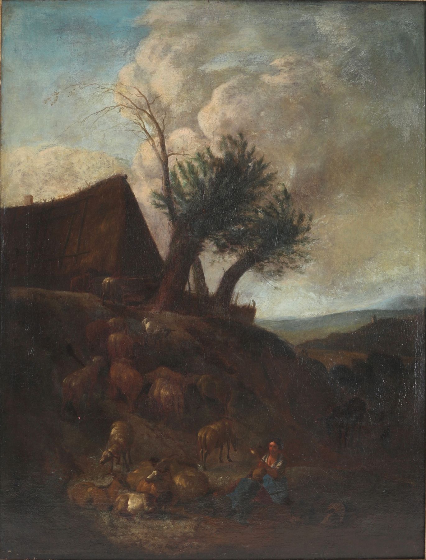 Altmeister des 18. Jahrhundert, Bauernpaar am Felsen mit Vieh, Huile/toile (doub&hellip;