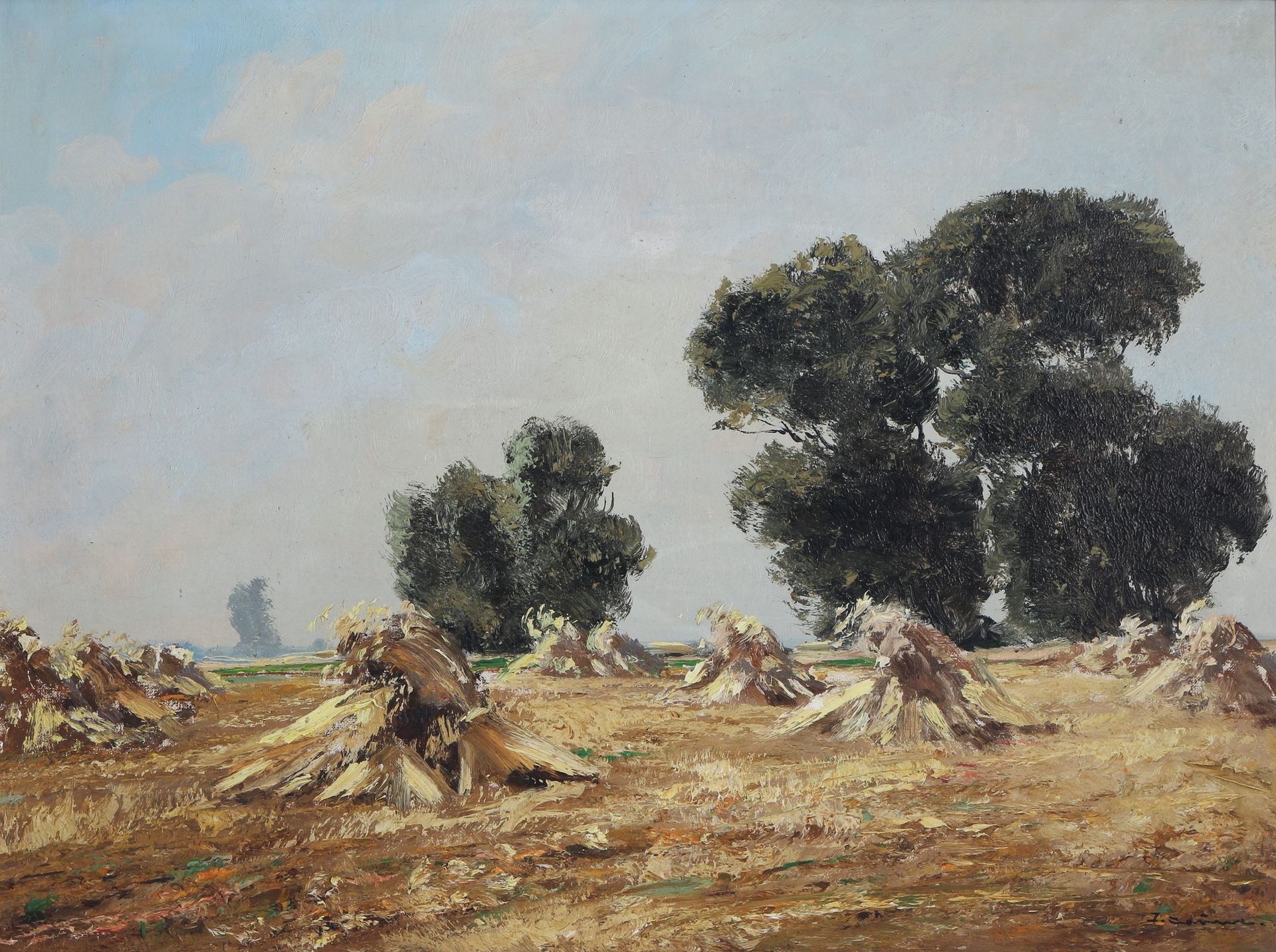 Jean Coune (1900-1963) Heugarben auf Feld, sheaf of hay, Öl/Leinwand, u. Rechts &hellip;