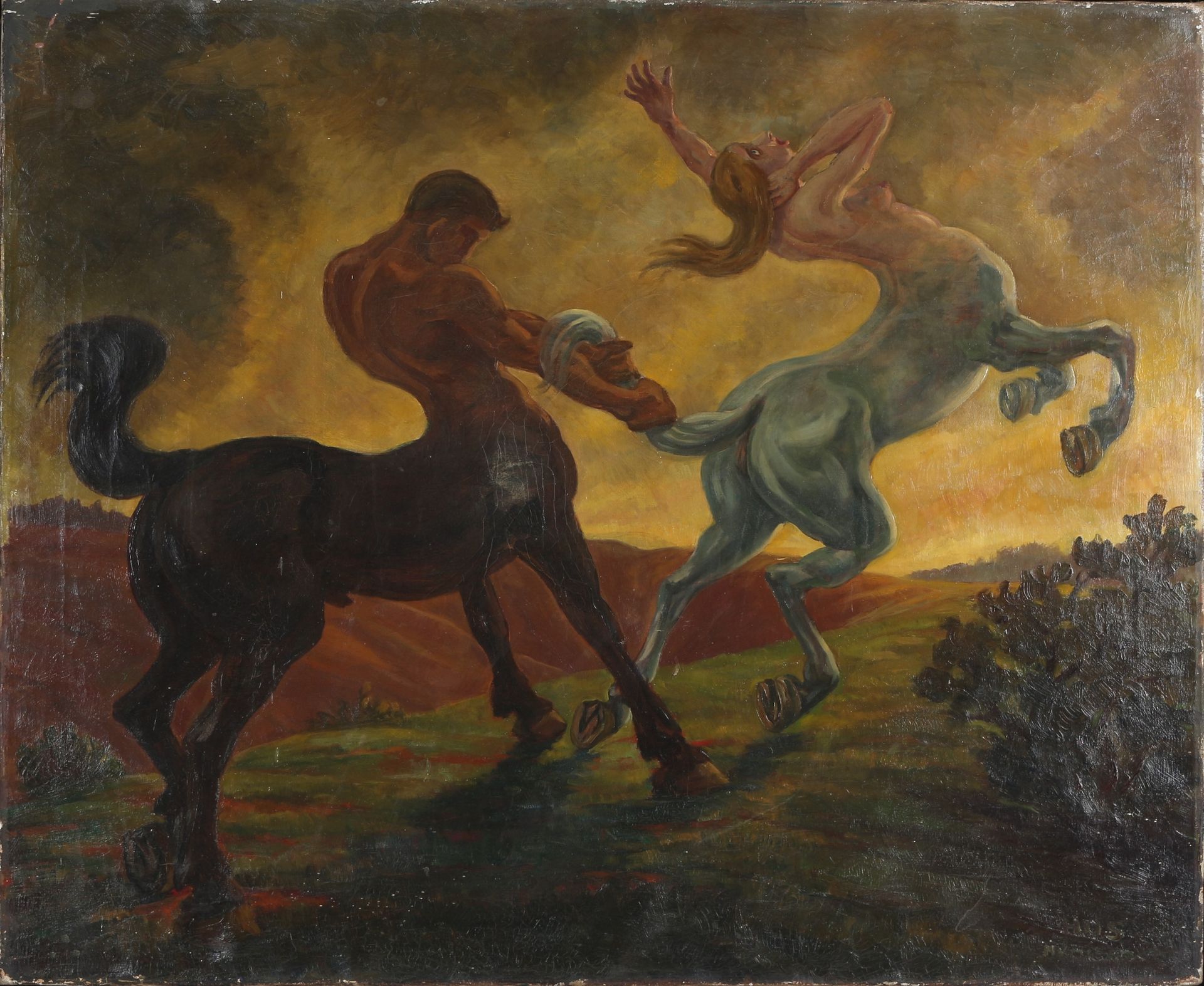 Hans Ulrich Schmidt (*1888) HUS Zentaurenpaar, two centaurs, Huile/toile, en bas&hellip;