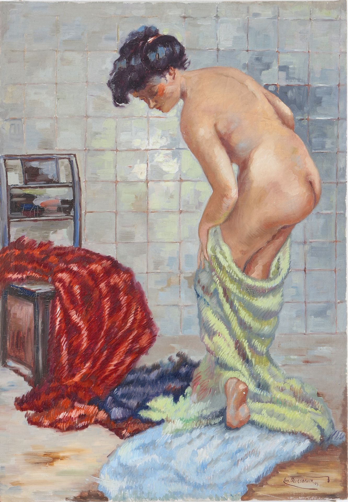 Rudolf Neugebauer (1892-1961) weiblicher Akt im Badezimmer, female nude act, Hui&hellip;
