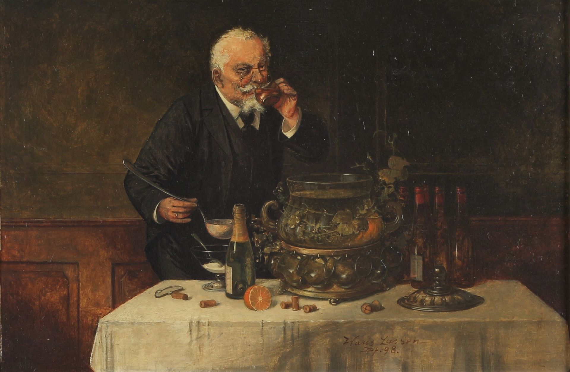 Hans August Lassen (1857-1938) Ein Schluck von Bowle, taking a sip, Huile/bois, &hellip;