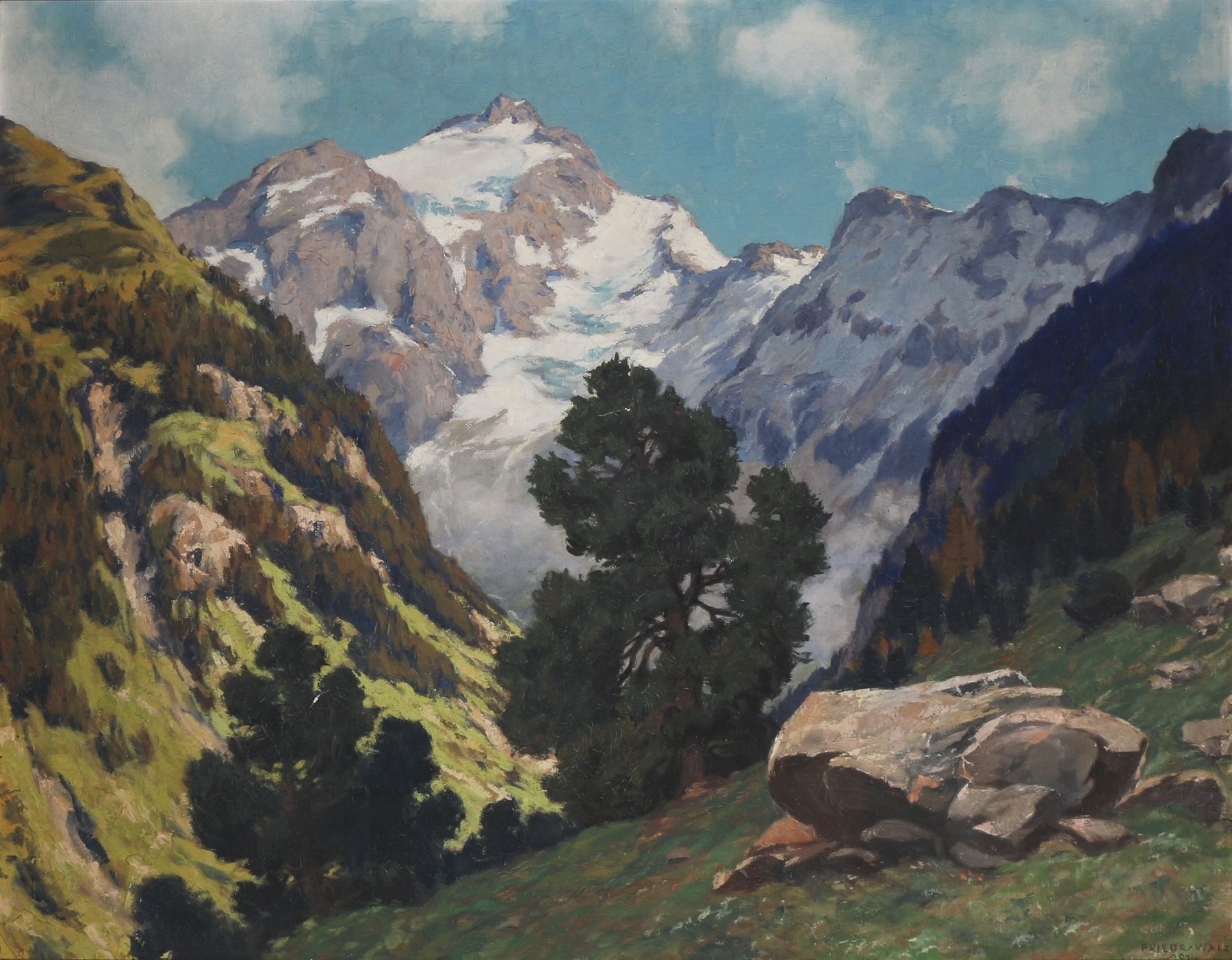 Friedrich Walz (XX) Alpental 1934, alps valley, Huile/toile, signée et datée Fri&hellip;