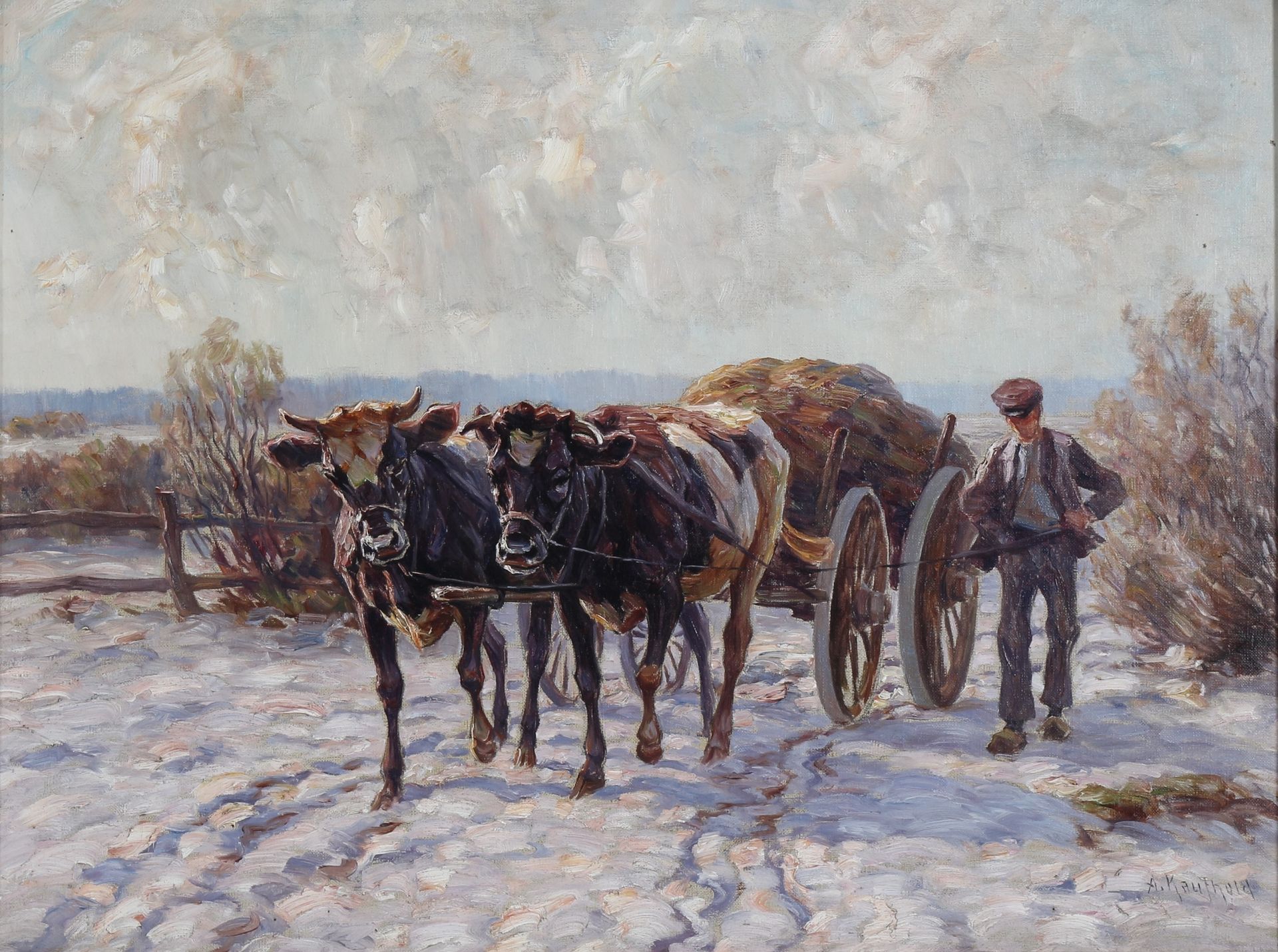 August Kaufhold (1884-1955) Bauer mit Kuhkarren, farmer with cow cart, Huile/toi&hellip;