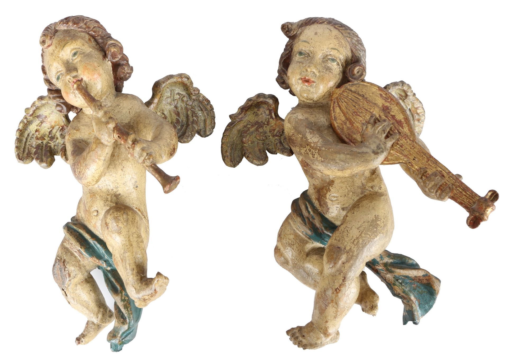 2 Barock Putti Engel 18. Jahrhundert, baroque cherubs 18th century, 木制，两个演奏音乐的普提&hellip;