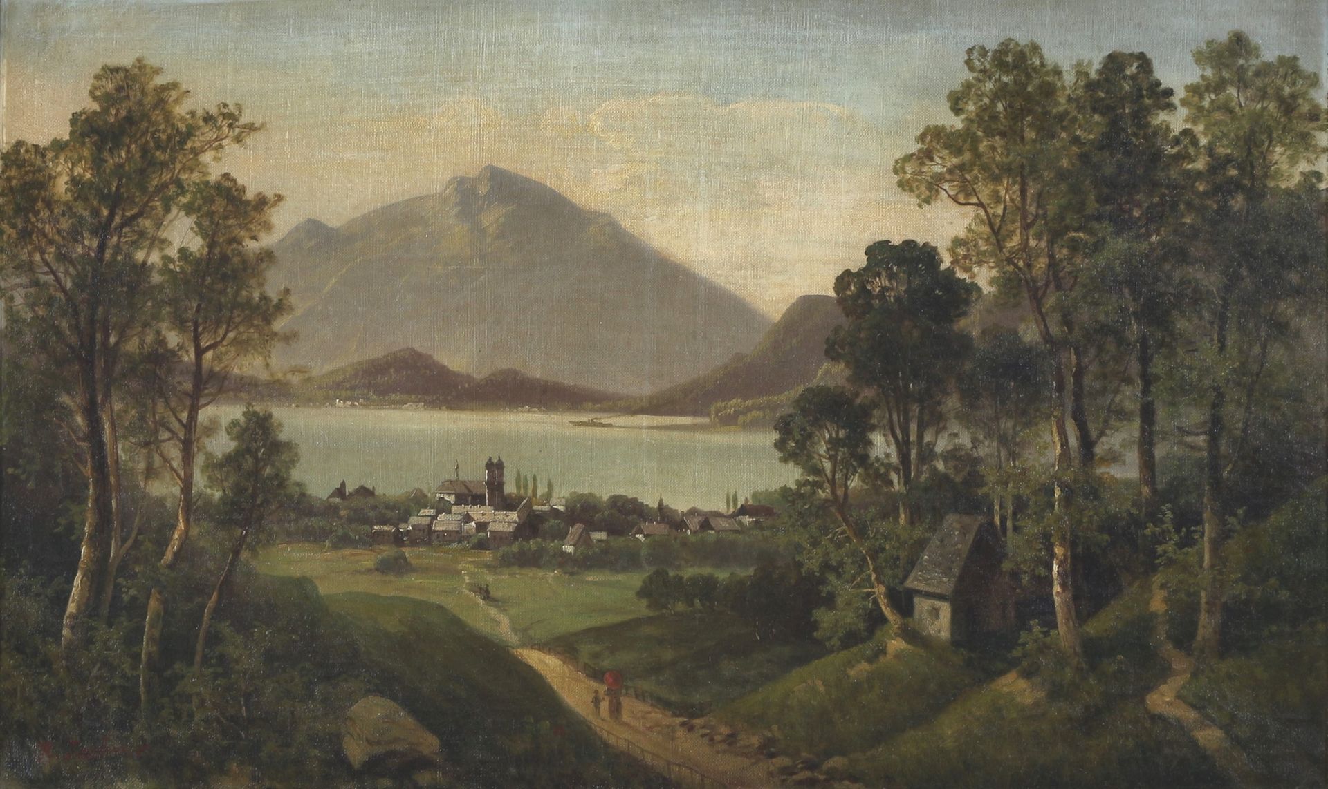 Robert Lechner (19. Jhd.)Landschaftsmalerei mit Blick auf ein Dorf am Bergsee, m&hellip;