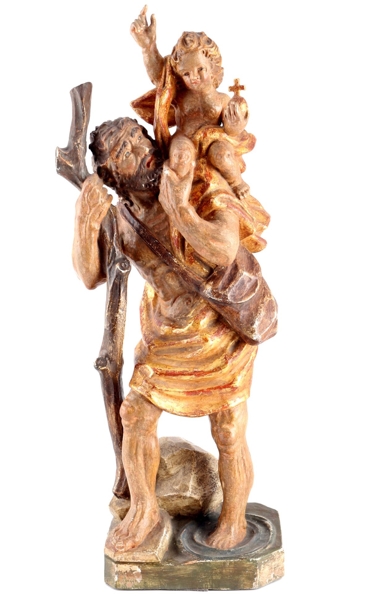 Heiligenfigur Christophorus, Saint Christopher, 木头，彩色版本，高59厘米x宽21厘米，圣克里斯托弗的木雕，擦伤