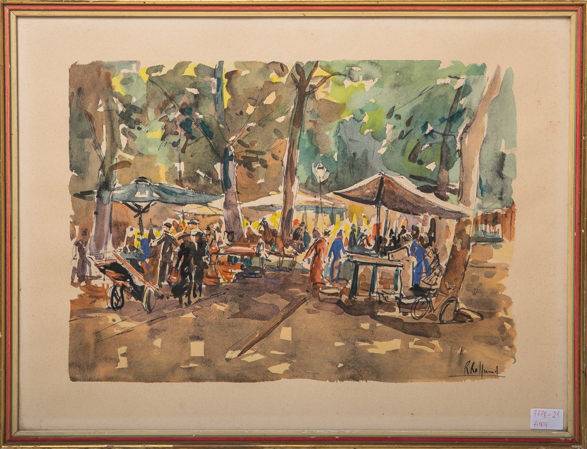 Null Rolland, Robert (France, mid 20th c.), Market Day in Provence, watercolour,&hellip;