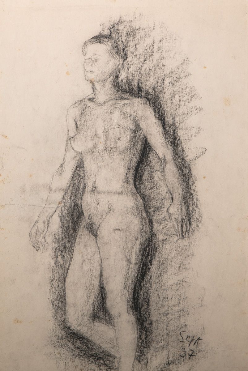 Null 无名艺术家（20世纪），站立的女性裸体，炭笔画，右下角。(19)37年9月，纸张约45 x 31厘米。发黄的和有皱纹的。