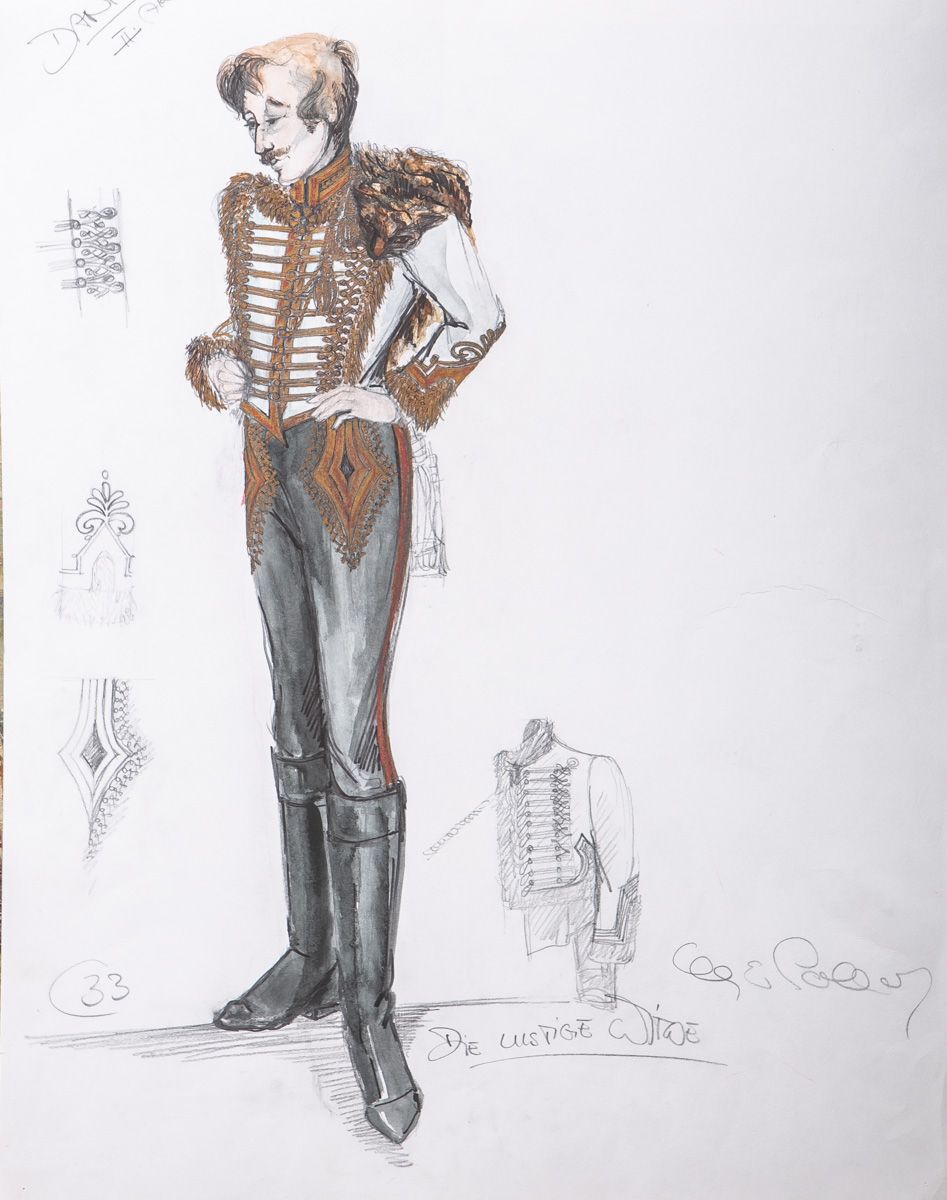Null Pollak, Karin E.(20世纪)，"König"，铅笔/水彩，描绘了一个穿着制服的轻骑兵，难以辨认的签名和标题 "Danico II. A&hellip;