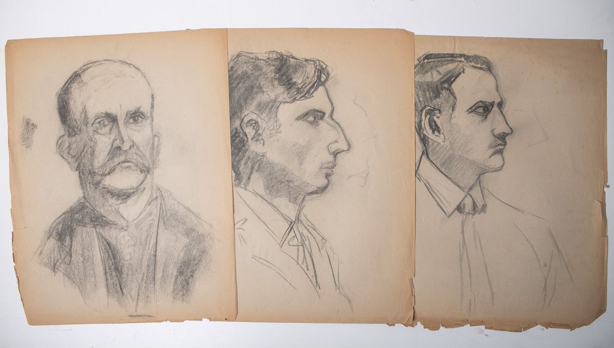 Null Unknown artist, mixed lot of 3 portrait sketches, consisting of: 1x man w. &hellip;