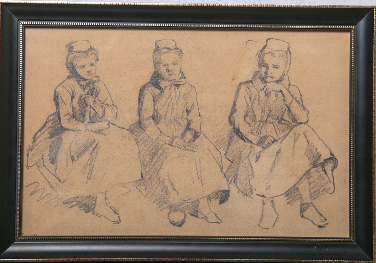 Null 韦伯，保罗（1823 - 1916），三个穿着传统施韦尔默服装的小女孩，铅笔画（研究），约18 x 27厘米，玻璃后面有框架。