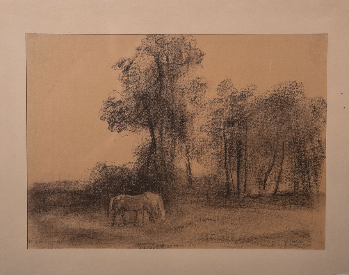 Null 克吕格（20世纪），有放牧马匹的风景，炭笔画，r.和手签，大约20.5 x 28厘米，PP，玻璃后面有框架。