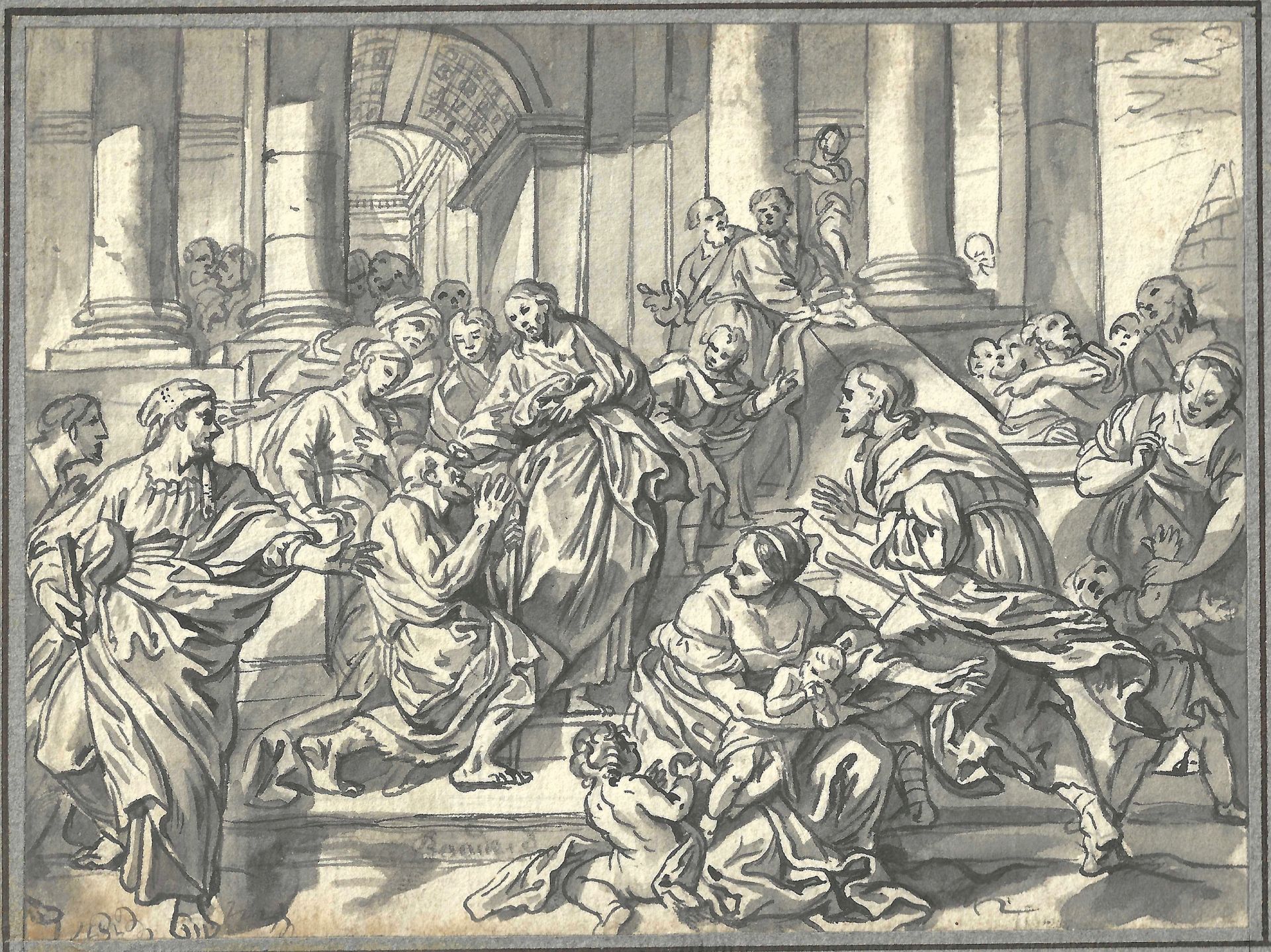 Null 意大利学校约1700年

基督与瘫痪者

钢笔和灰色墨水，灰色水洗

12 x 16.5 cm

左下角有模糊的注释