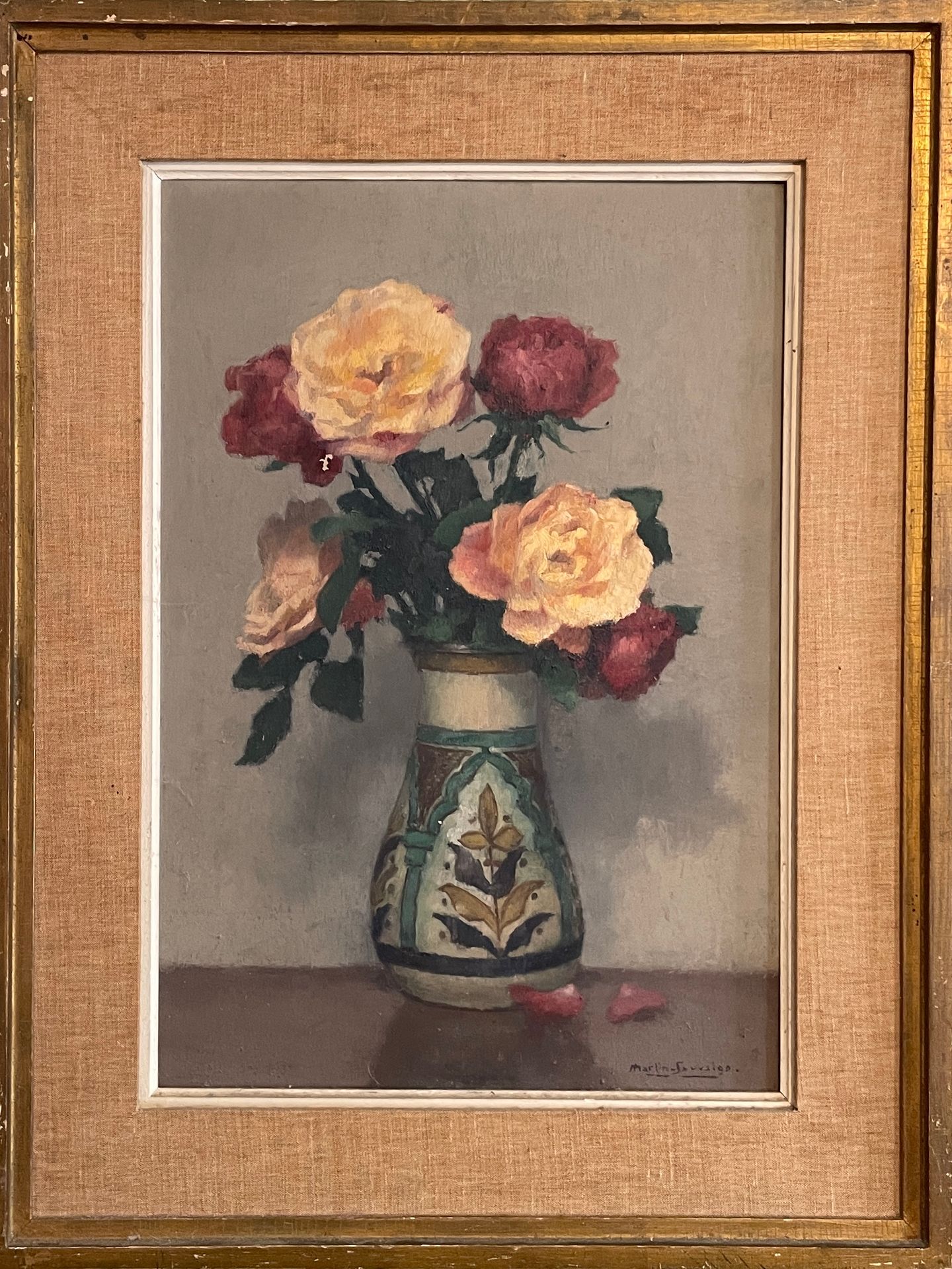 Null 查尔斯-马丁-索瓦伊戈(1881-1970)

玫瑰静物和东方主义花瓶。

右下角署名：Isorel

53,5 x 36,5 cm 

(有框）（油&hellip;