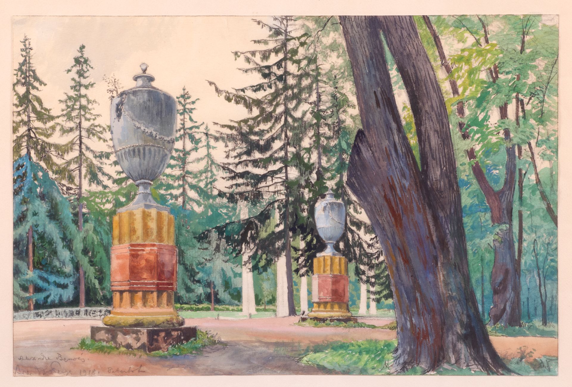 Null 贝努瓦-亚历山大（1870-1960 年）
彼得霍夫公园风景，1918 年
纸面水彩画
左下方有签名、日期 "1918 "和注释
31 x 45.5 &hellip;
