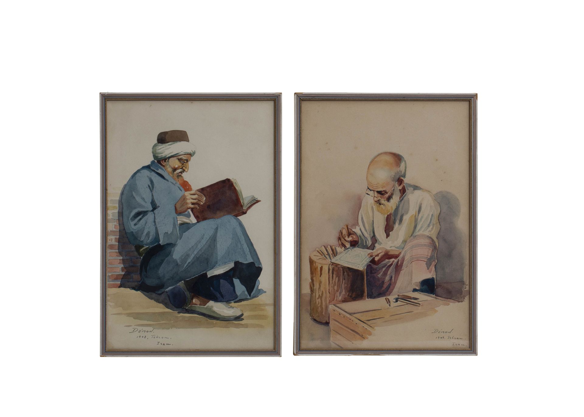 TWO LATE QAJAR WATER COLOUR PAINTINGS, EACH SIGNED & DATED TWO LATE QAJAR WATER &hellip;