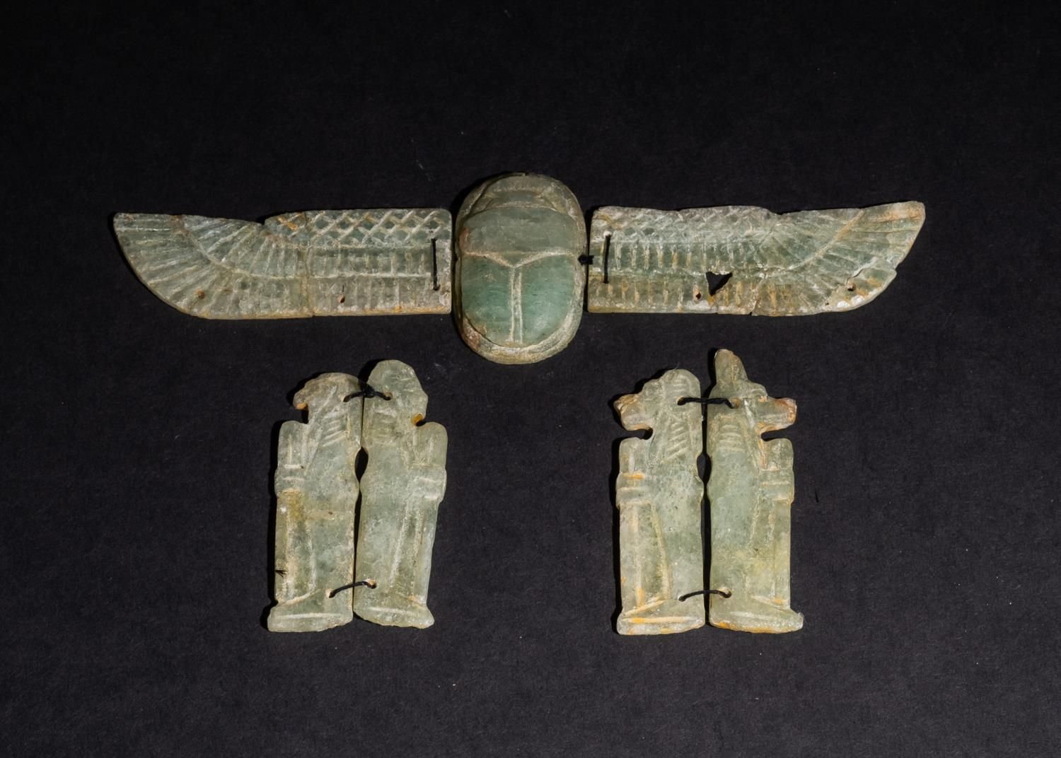 A HIGHLY RARE EGYPTIAN AGATE ENGRAVED WINGED SCARAB & BASTET AND PHARAOH AMULETS&hellip;