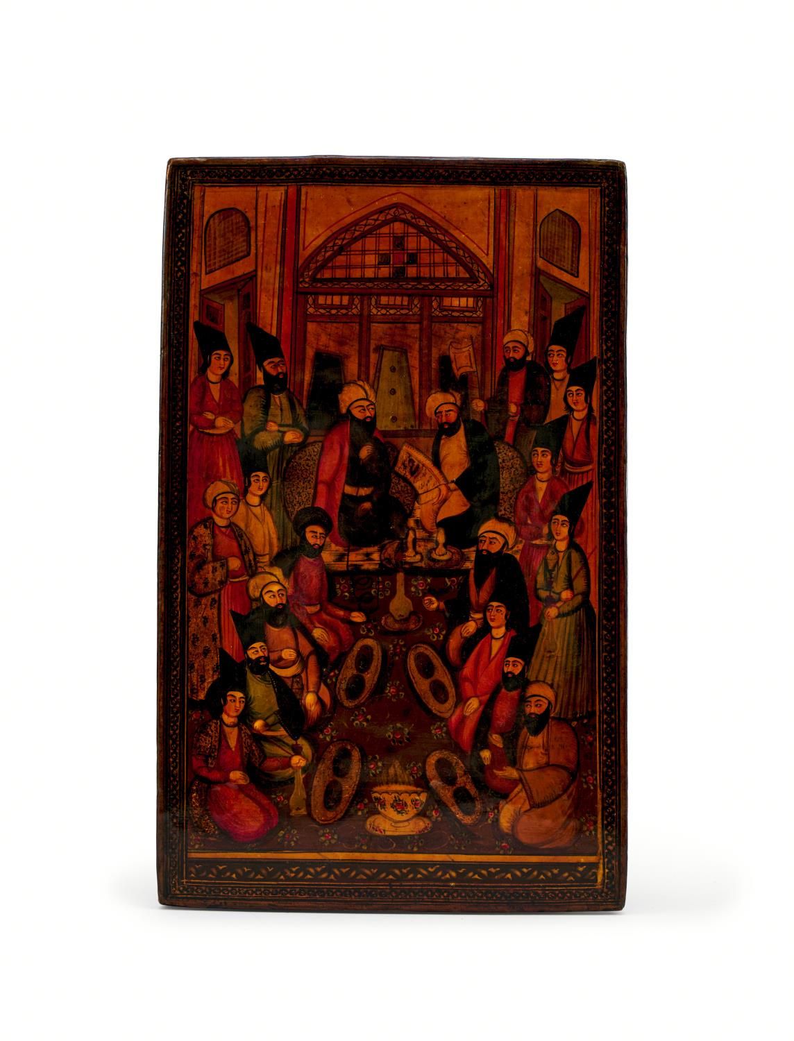 A QAJAR LACQUERED PAPIER-MÂCHÉ MIRROR CASE, 19TH CENTURY, PERSIA 卡扎尔漆纸镜盒，19 世纪，波&hellip;