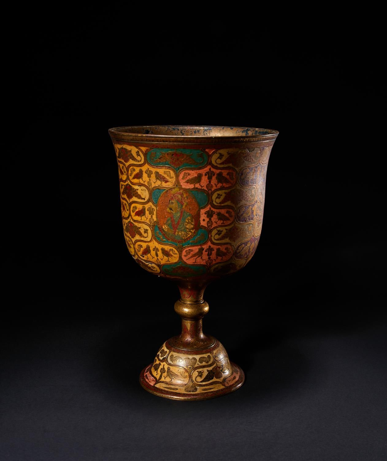 AN INDIAN BRONZE & ENAMEL CHALICE DEPICTING MUHAMMAD SHAH DATED 1719, 18TH CENTU&hellip;