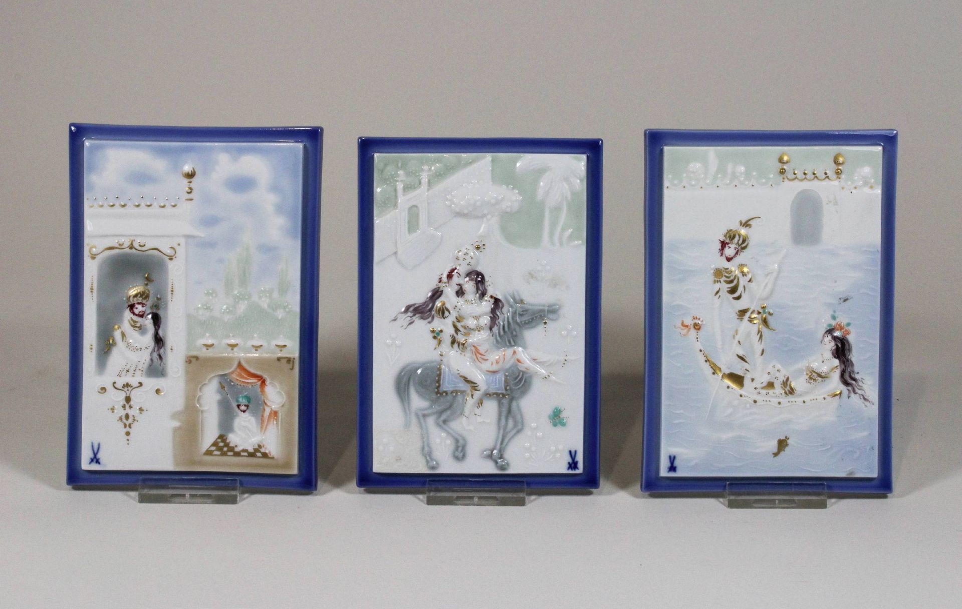 Drei Meissen Bildplaketten, Wandplatten Tres placas con imágenes de Meissen, pla&hellip;