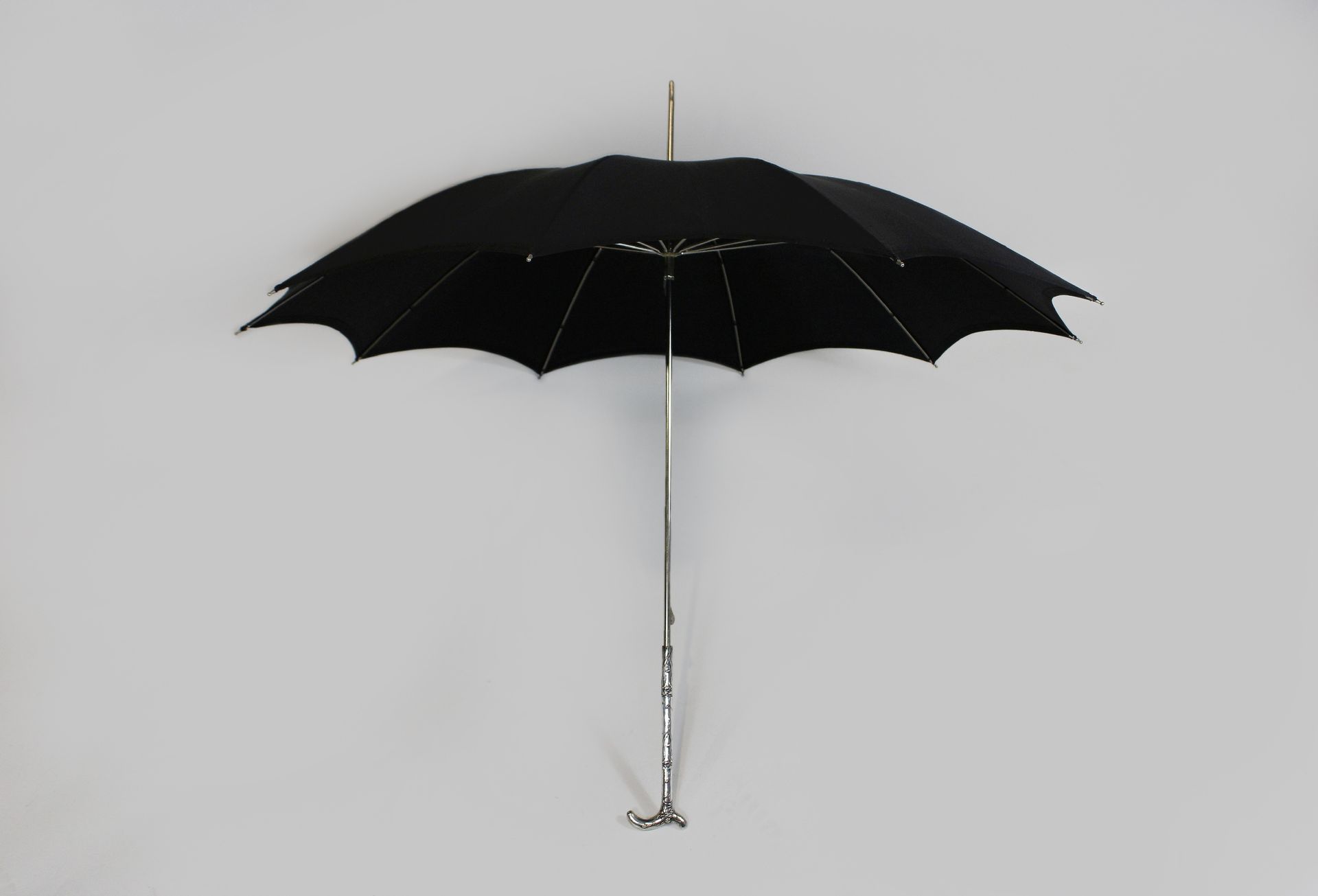 Damenschirm, Jugendstil, Silber, 19. Jh 女士伞，新艺术派，银质，19世纪，伞柄有风格化的花卉装饰，伞罩为黑色织物，有保护&hellip;