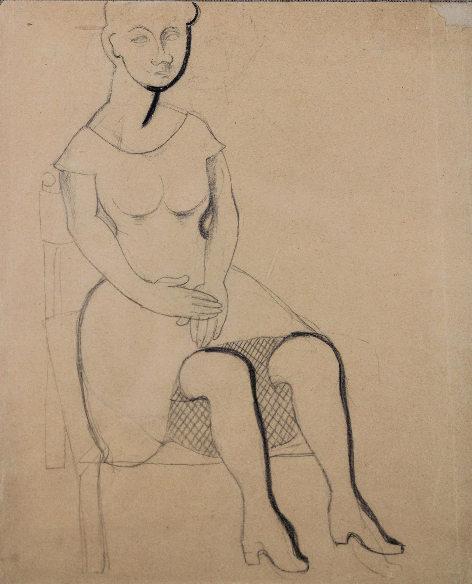 Otto Gutfreund (checo, 1889 - 1927), dibujo a lápiz, mujer en una silla,  probablemente 1920, sin firmar ni fechar, dimensiones: c. 27,5 x 22,5 cm,  dimensiones enmarcado: c. 42,5 x 36,5 cm, buen estado.