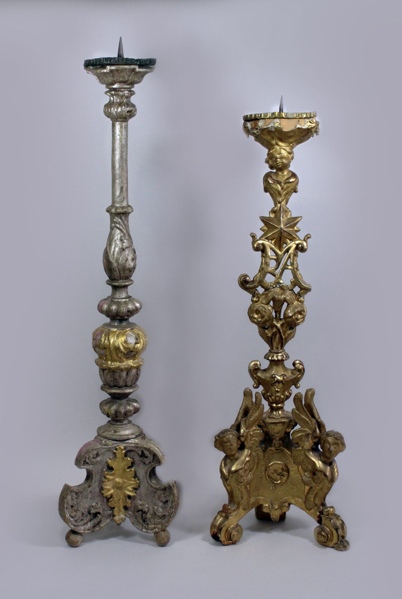 Zwei barocke Sakralleuchter Two baroque sacral candlesticks, gilded, candlestick&hellip;