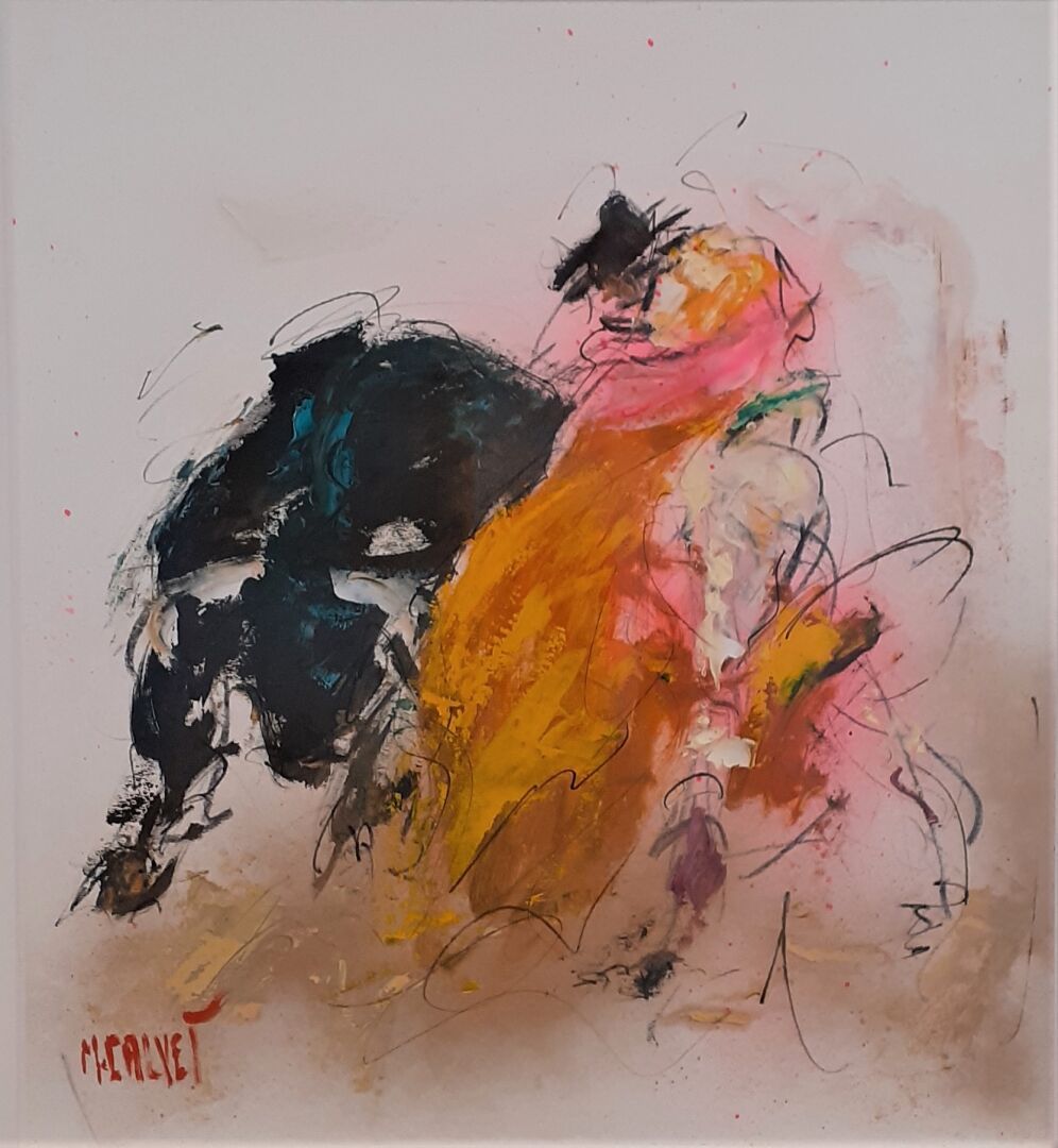 MICHEL CALVET 
米歇尔-卡尔维（生于1956年）--《阿尔勒的节日》--纸上水粉、喷雾、铅笔，左下角签名（展出52.7 x 47.5厘米）--带框&hellip;