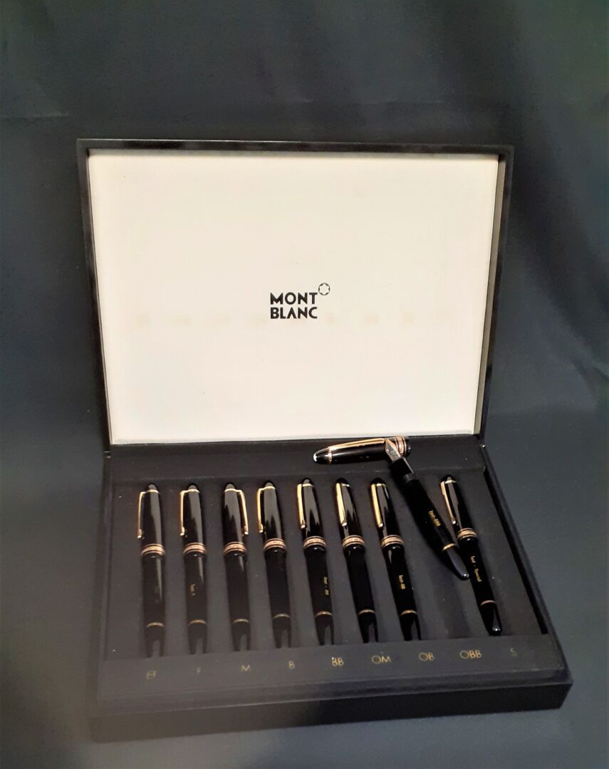 Null MONTBLANC - 九支MEISTERSTUCK钢笔的测试盒，笔尖编号为4810的18K金钢笔。

在每个枪管上都刻有TEST和笔尖大小。

有以&hellip;