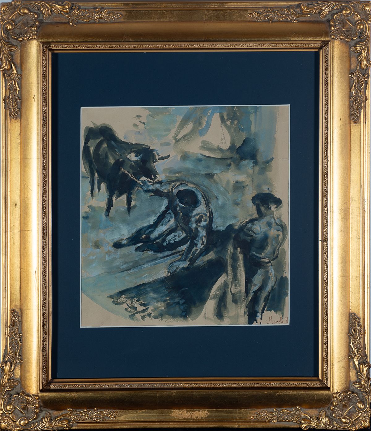 Bullfighting Festival, signed Manolo H. 纸上水彩。尺寸：35 x 34 cm