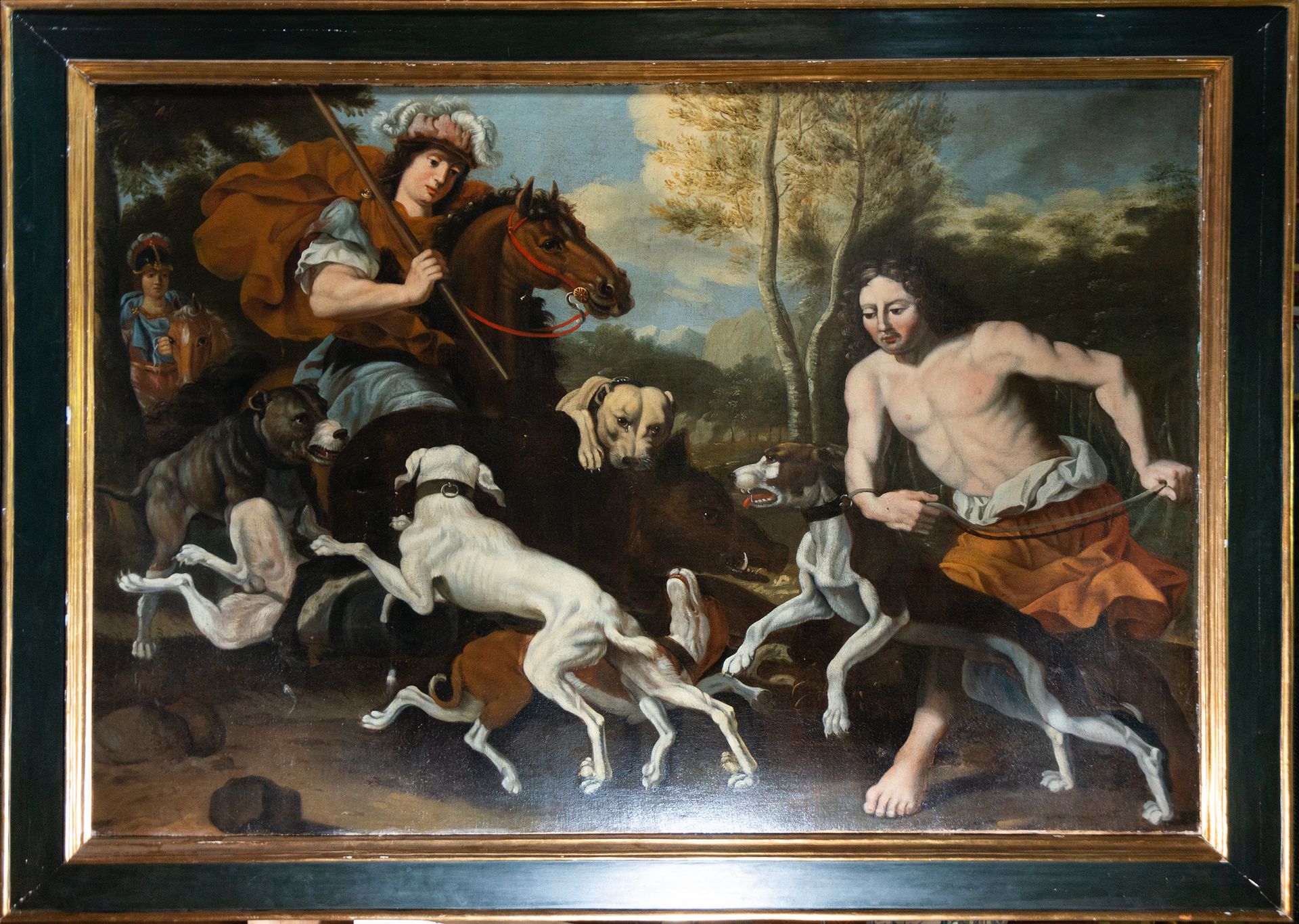 Large Oil on canvas representing the Hunting of the Boar, Flemish school of the &hellip;