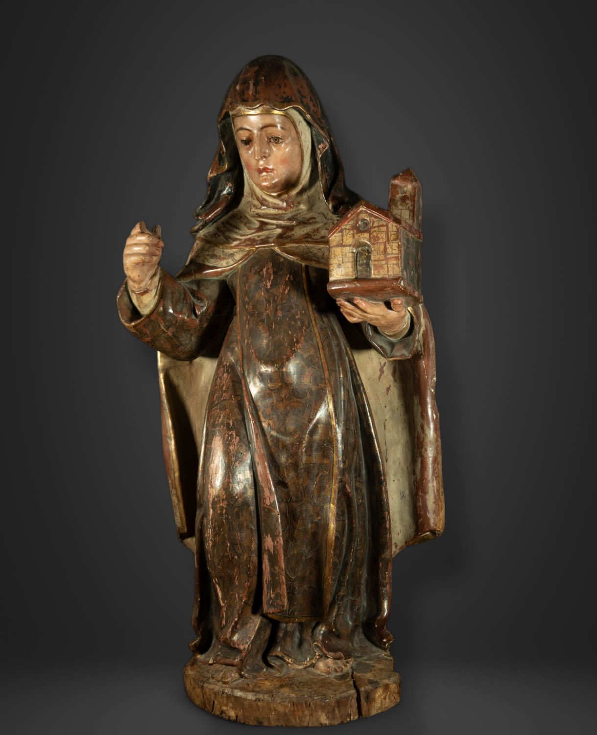 Null Grande sculpture de Sainte Claire en bois sculpté et terre cuite, Grenade é&hellip;