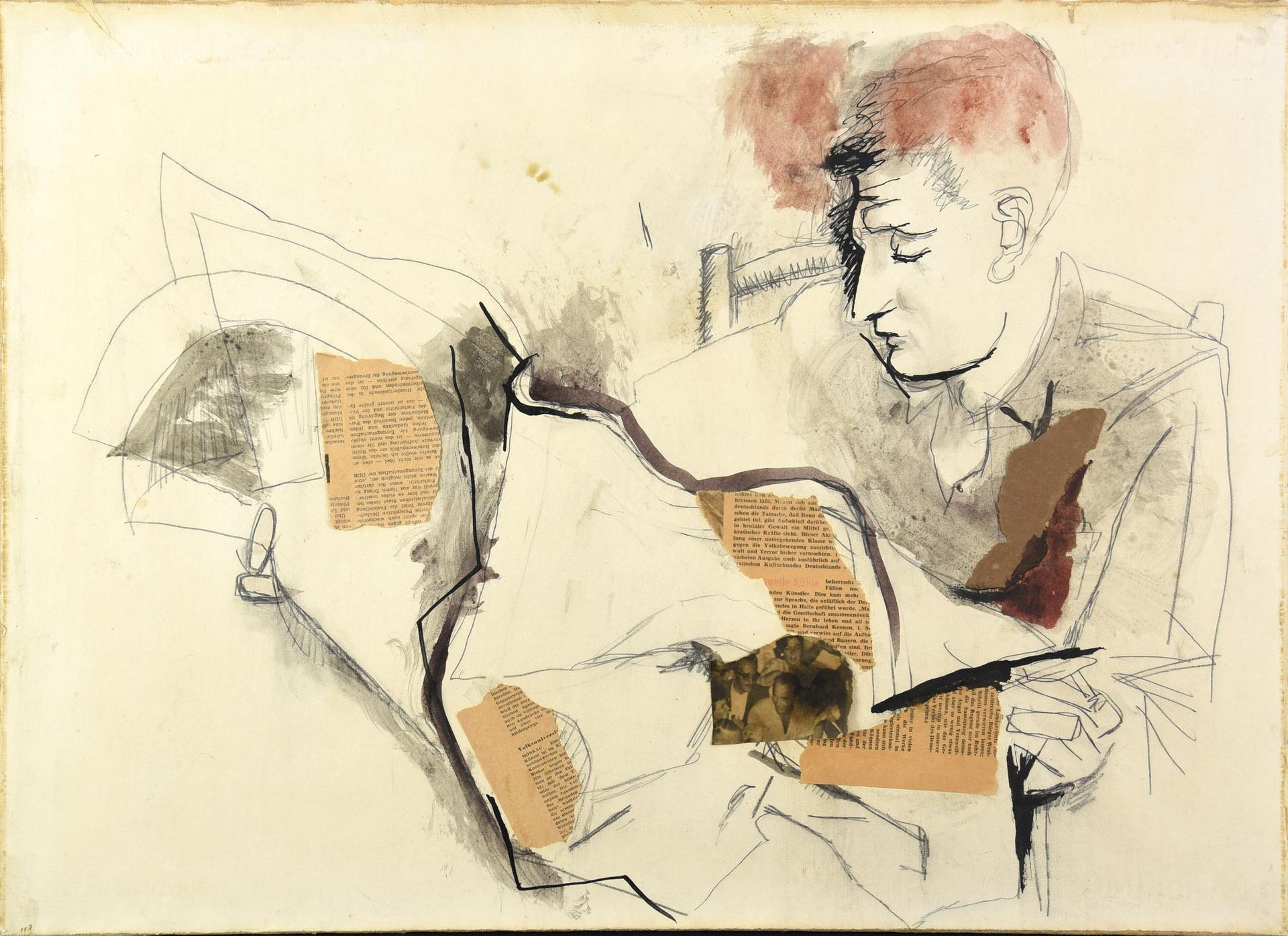 Renato Guttuso 雷纳托-古图索

年轻人阅读

纸上墨水和拼贴画应用于画布，48.5x66厘米

签名和日期

背面：标签Galleria del&hellip;