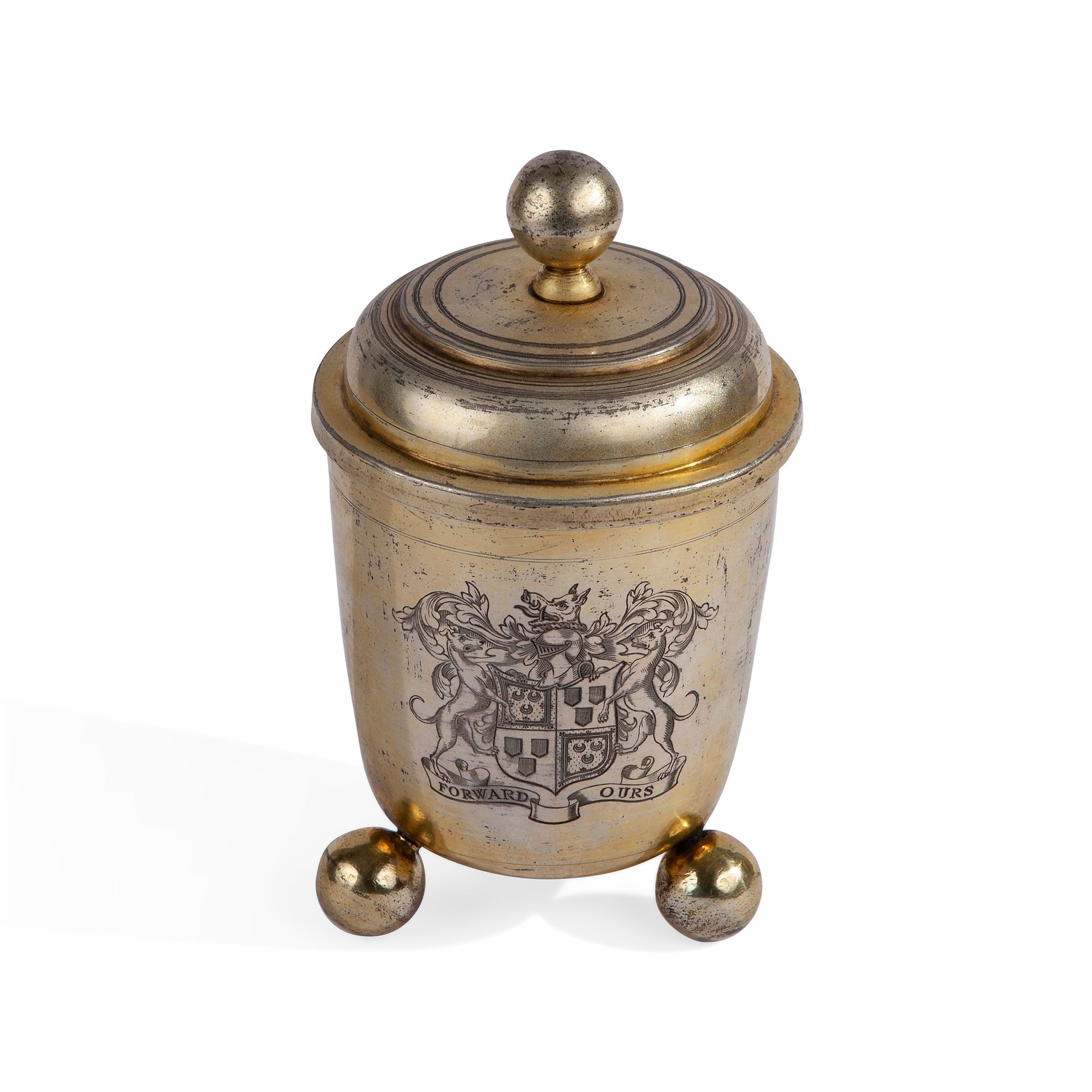 Gilded silver vase with cover Dessau, XVII secolo Peso totale 10,3 once, 7,6x3,9&hellip;