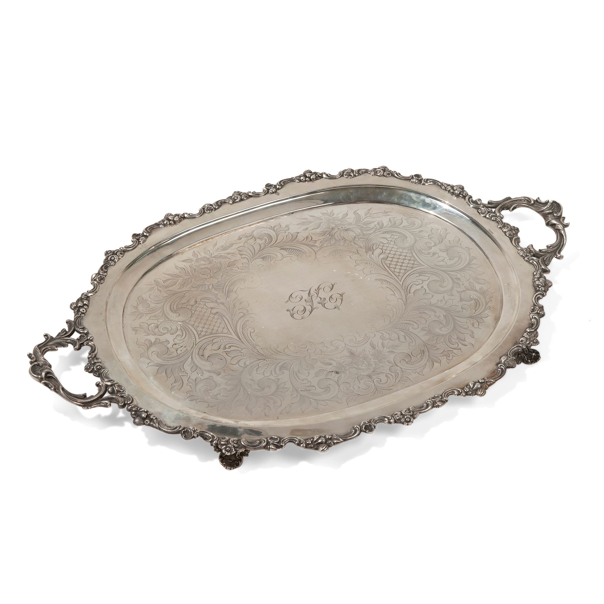 Silver tray, mid-19th century Oval shaped, burin-engraved centre, applied frame &hellip;