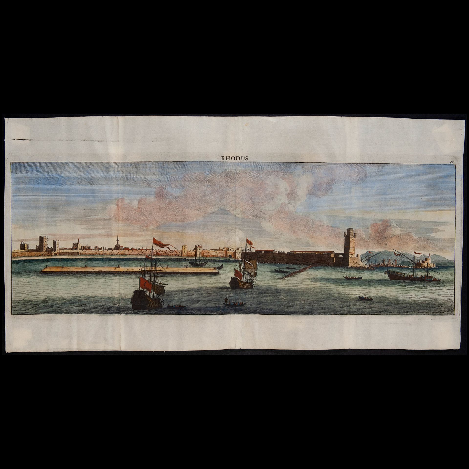 View of the city of Rhodes with Turkish ships, painted engraving of the 18th cen&hellip;