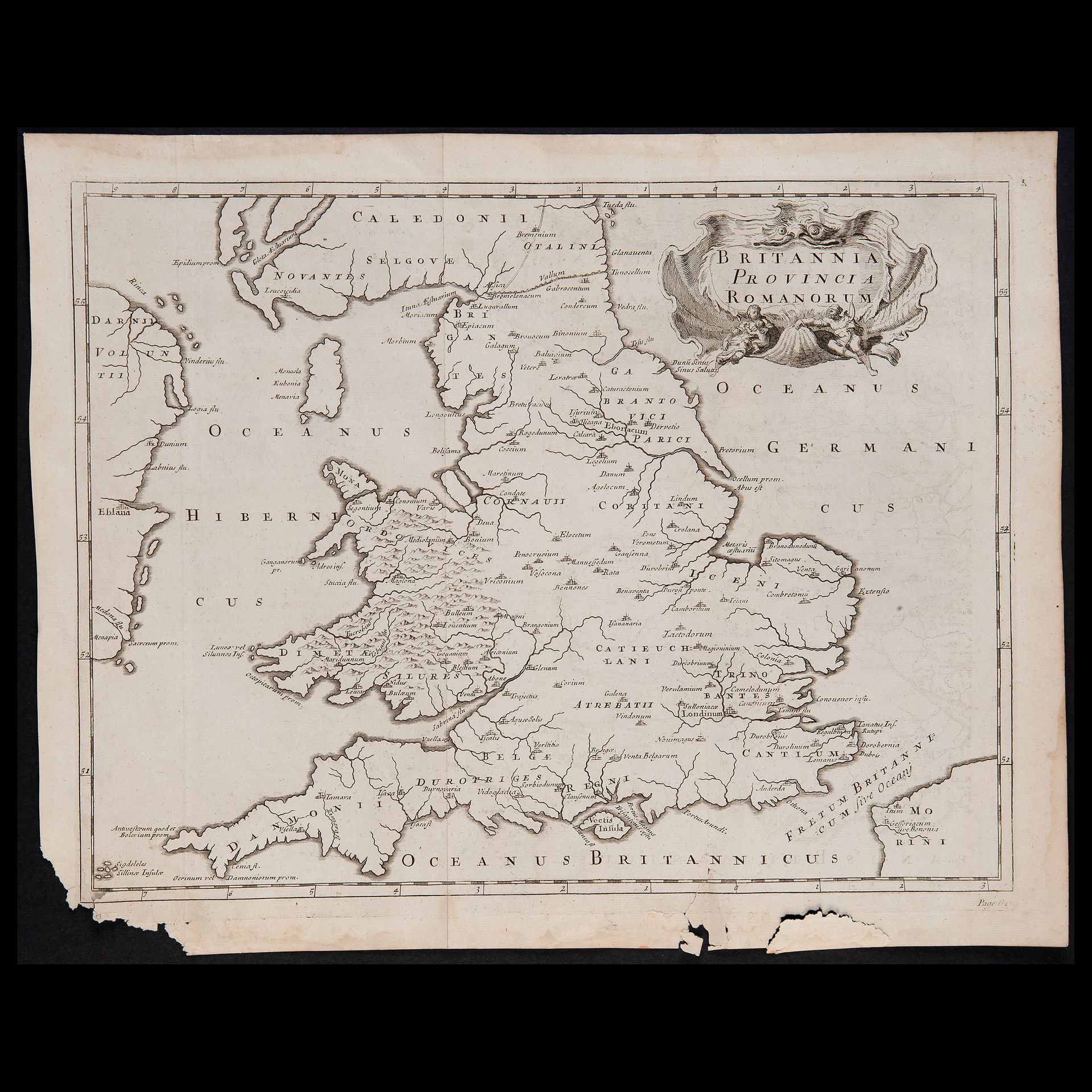 Britannia provincia romanorum' map, 18th century 雕刻在有水印的平纹纸上，没有确定作者的签名。有缺陷，未装裱的铜&hellip;