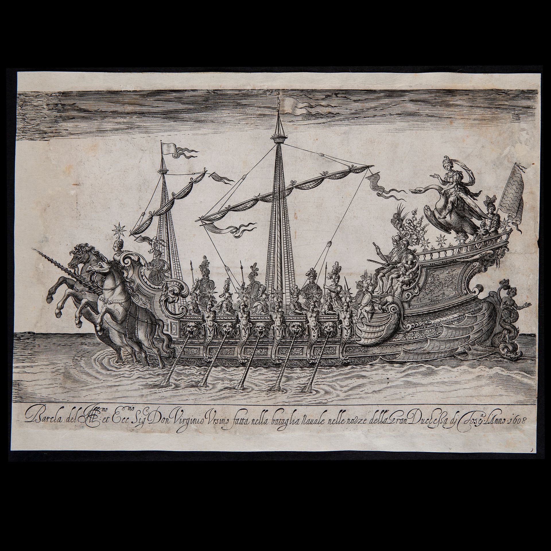 Engraving depicting a ceremonial ship, 1608 Lleva la inscripción "Barca dell'ill&hellip;