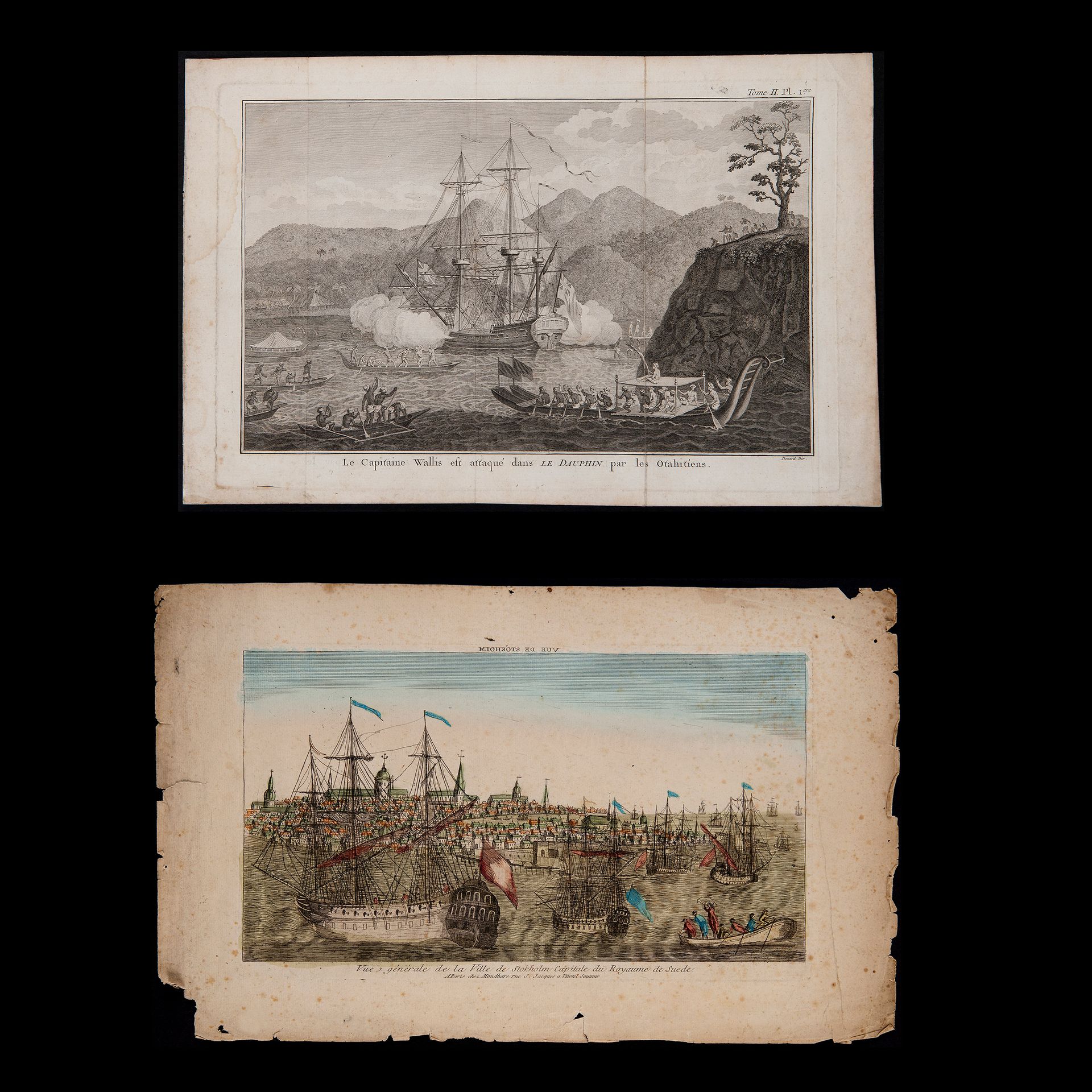 Two valuable engravings depicting a view of Stockholm and the ship 'Capitaine Wa&hellip;