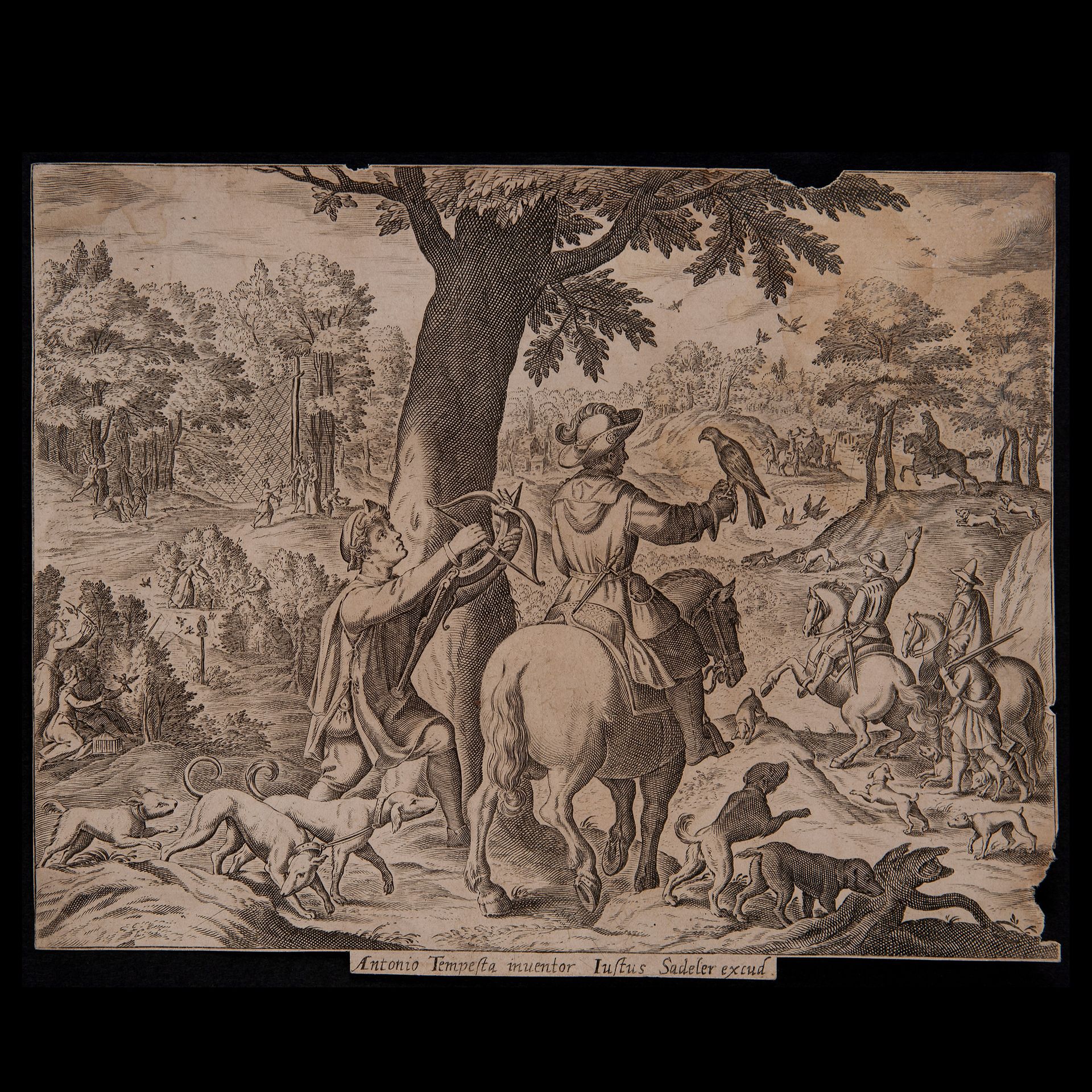 Justus Sadeler (Antwerp ca. 1572 - c. 1620), Engraving depicting hunting with fa&hellip;