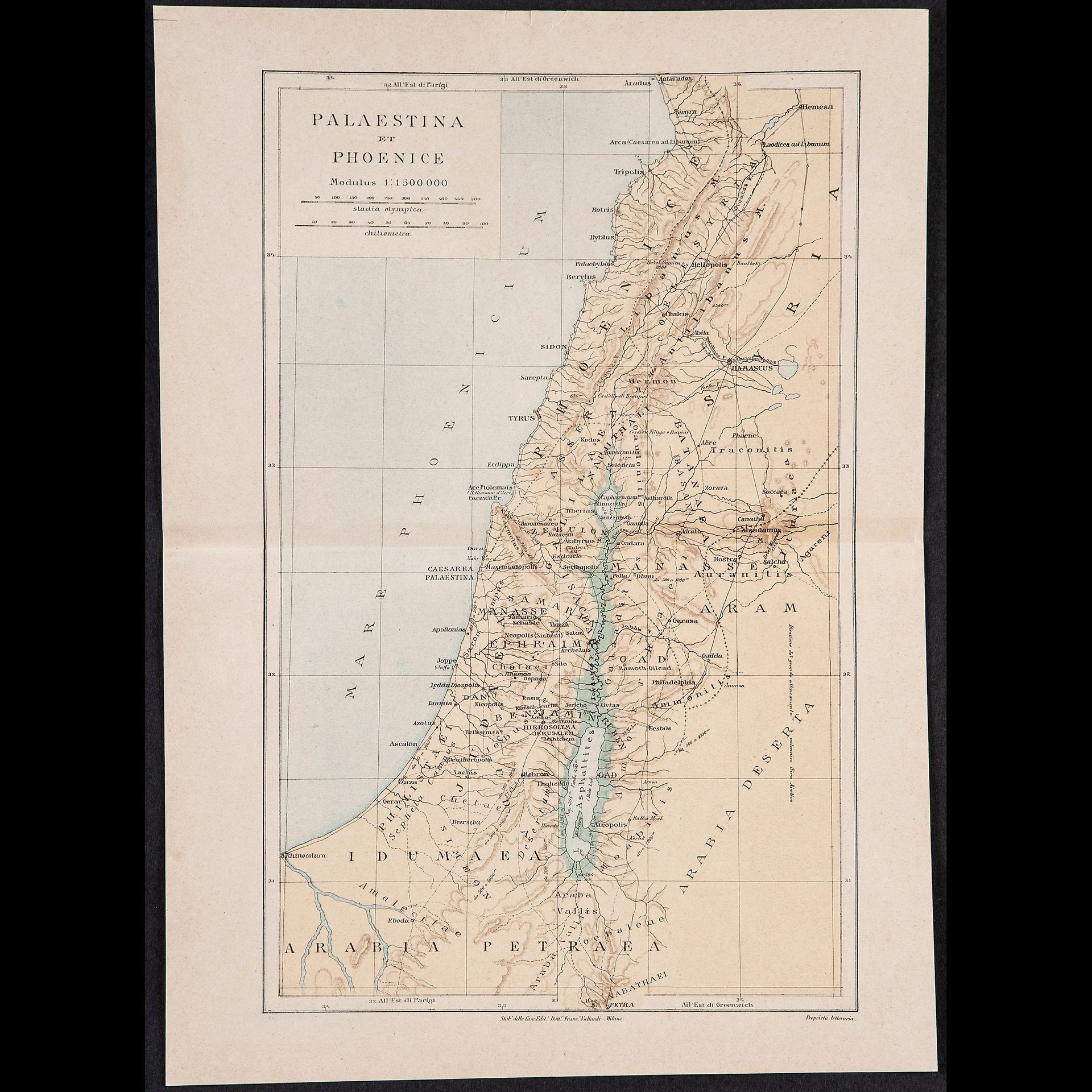 Palestine et Phoenice' map, printed in Milan in 1889 Inscription at the bottom '&hellip;