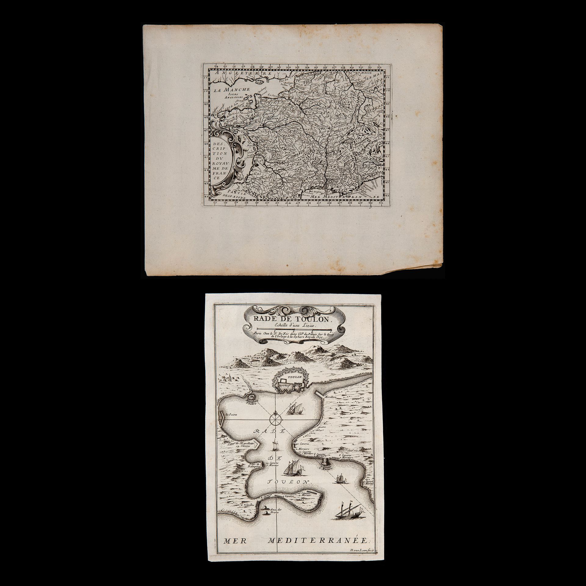 Two French maps, late 17th century 雕刻在有水印的平纹纸上，有以下铭文。描述法国国土 "和 "土伦之路------一个谎言。在&hellip;