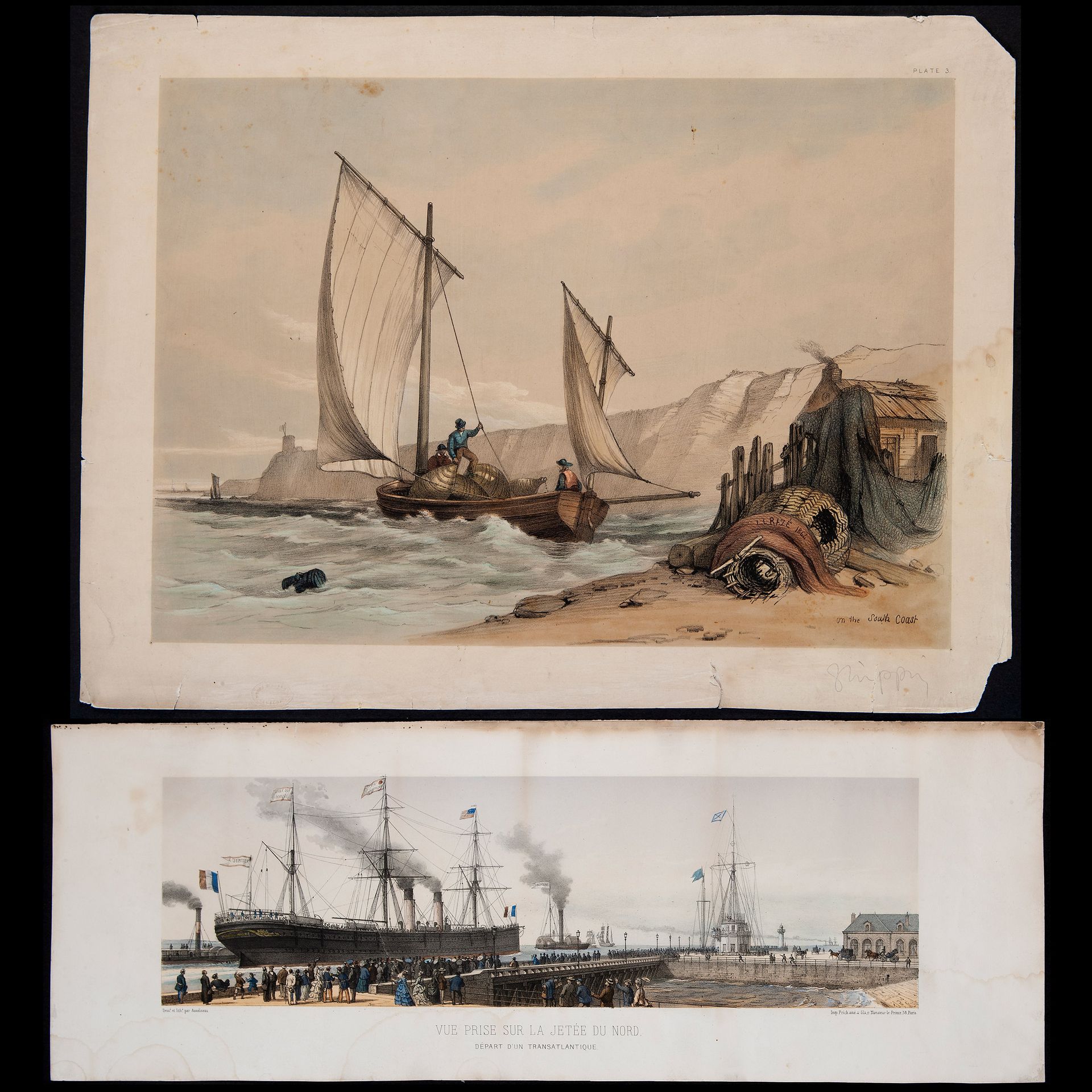 Pair of lithographs depicting ships, 'Vue prise sur la jetée du Nord' and 'On th&hellip;