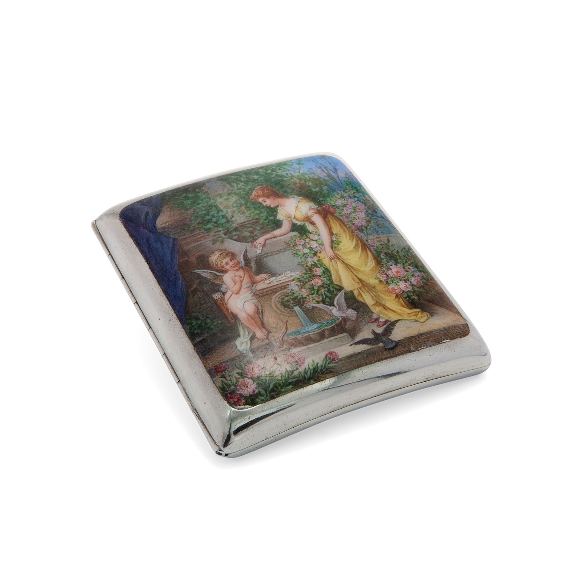Silver and enamel cigarette case with young girl and Cupid, European manufacture&hellip;