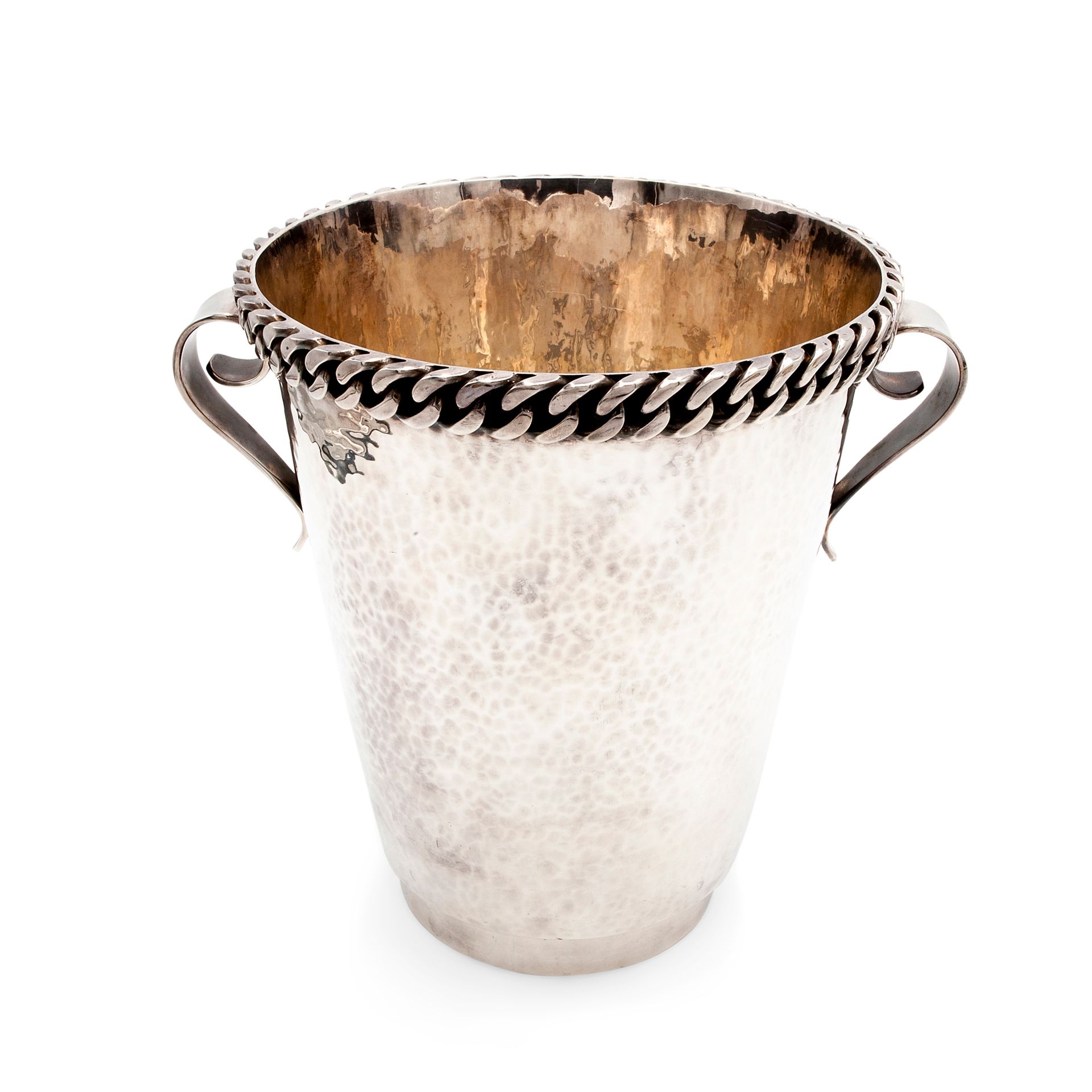 Jean Després, Champagne bucket with chain, circa 1950 Silver-plated metal piece &hellip;