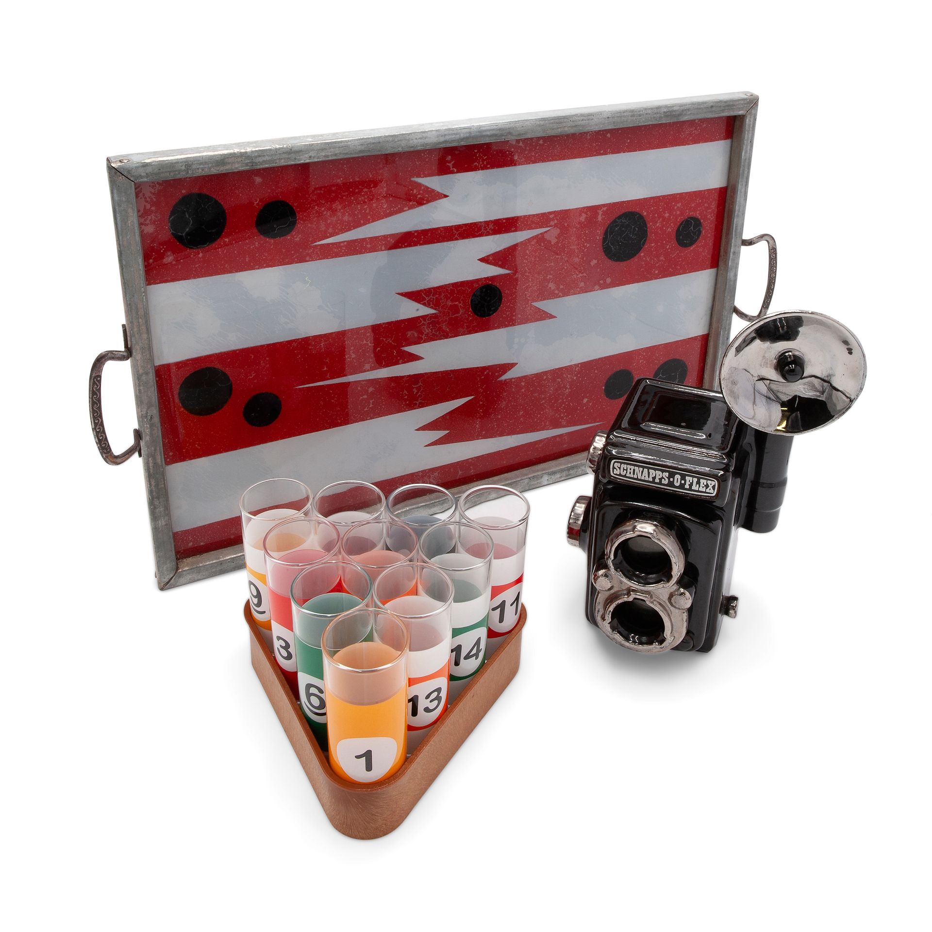 Set of shot glasses, a ceramic flask and a tray Gruppe bestehend aus: Billardkug&hellip;