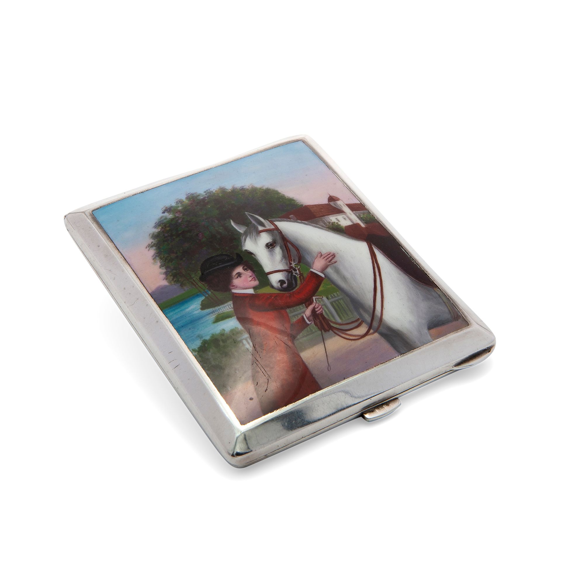 Cigarette case with lady and horse, 20th century European manufacture Alpacca un&hellip;